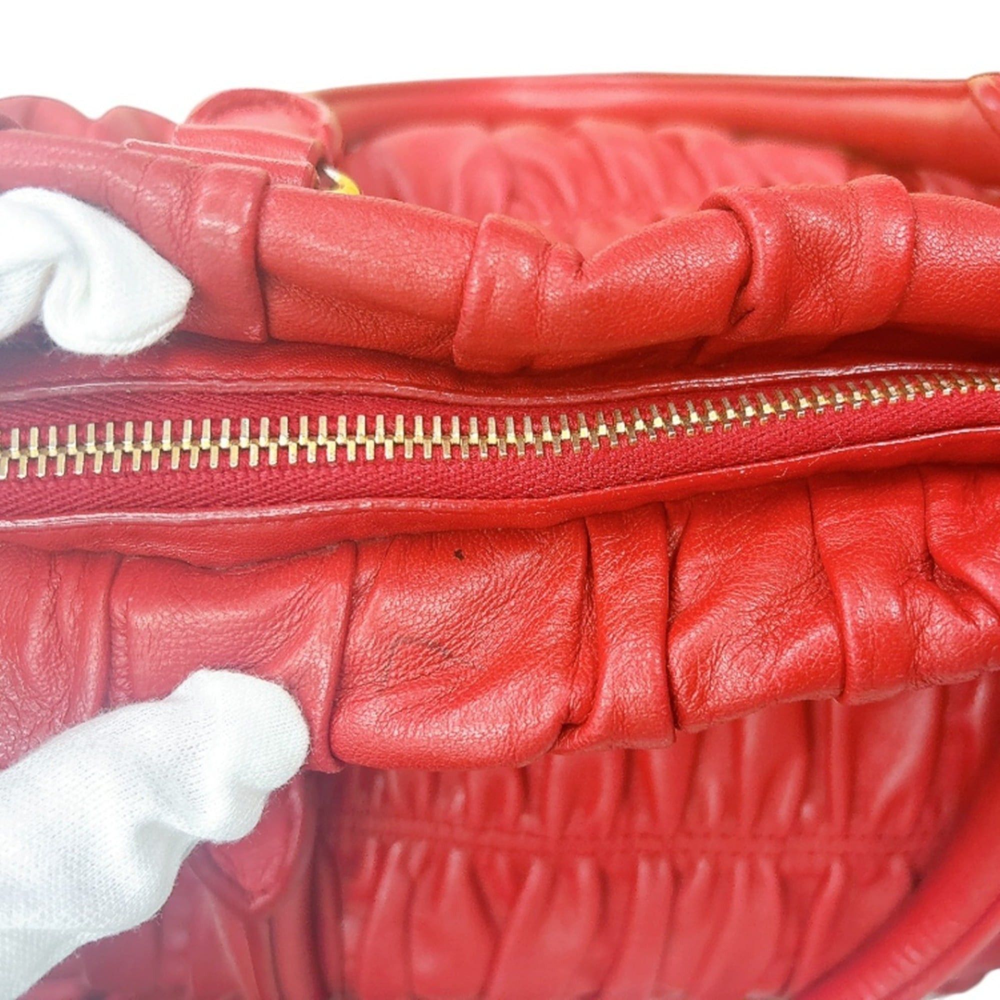 Prada Prada Tote Bag Shoulder Gathered Nappa Gaufre Leather B2588L Red Size ONE SIZE - 13 Thumbnail