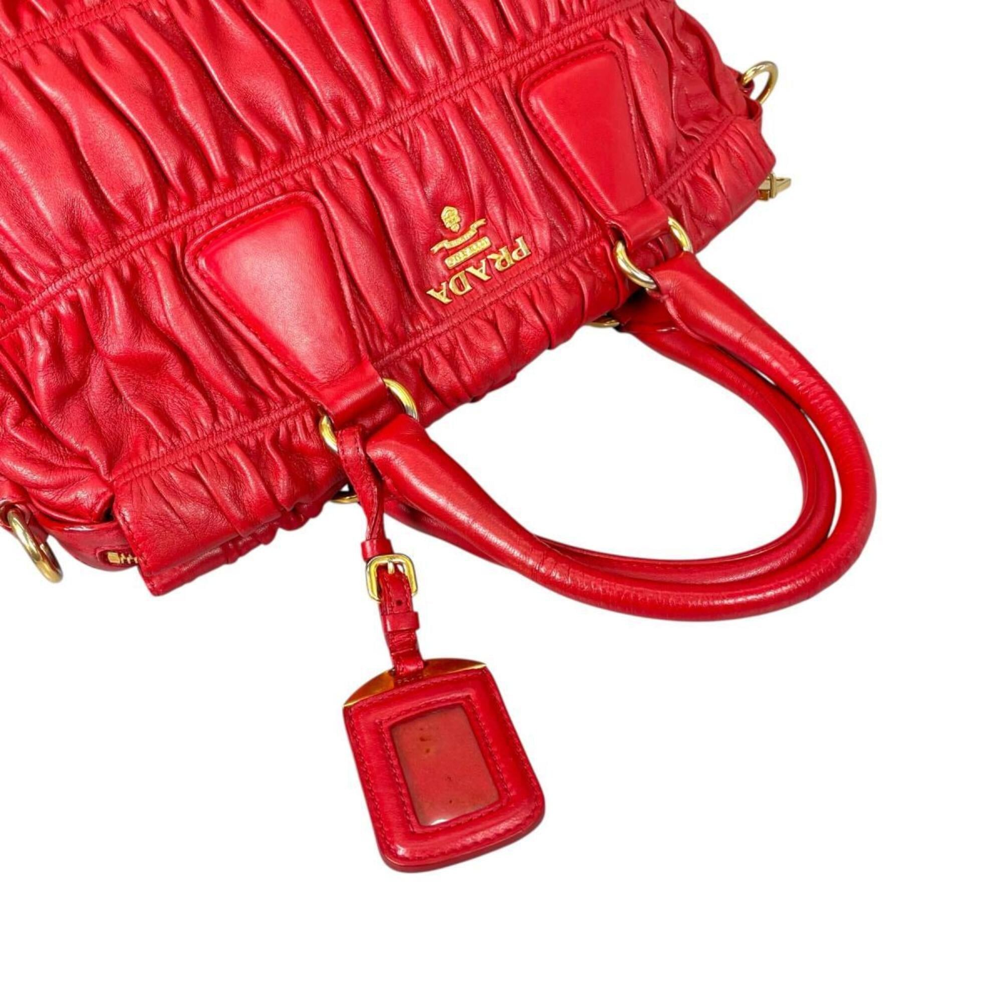 Prada Prada Tote Bag Shoulder Gathered Nappa Gaufre Leather B2588L Red Size ONE SIZE - 10 Thumbnail
