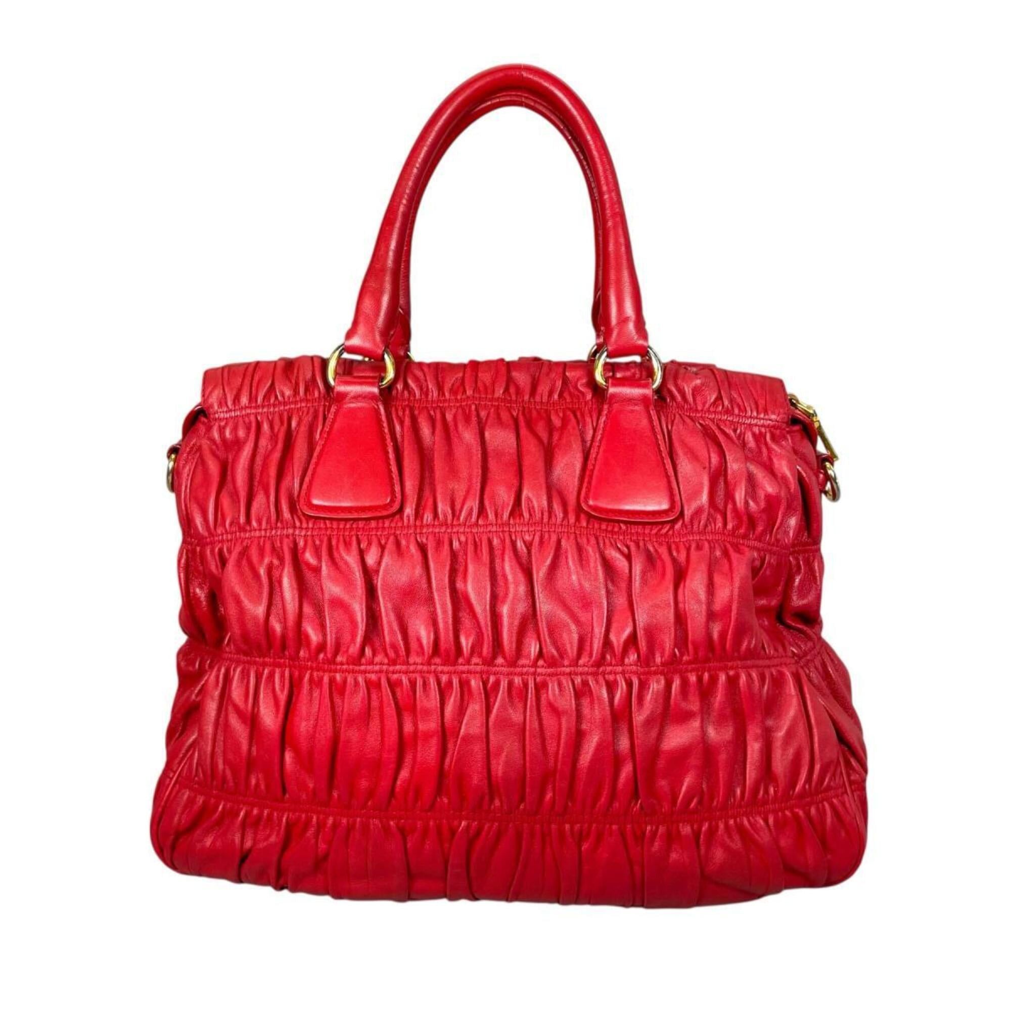 Prada Prada Tote Bag Shoulder Gathered Nappa Gaufre Leather B2588L Red Size ONE SIZE - 4 Thumbnail