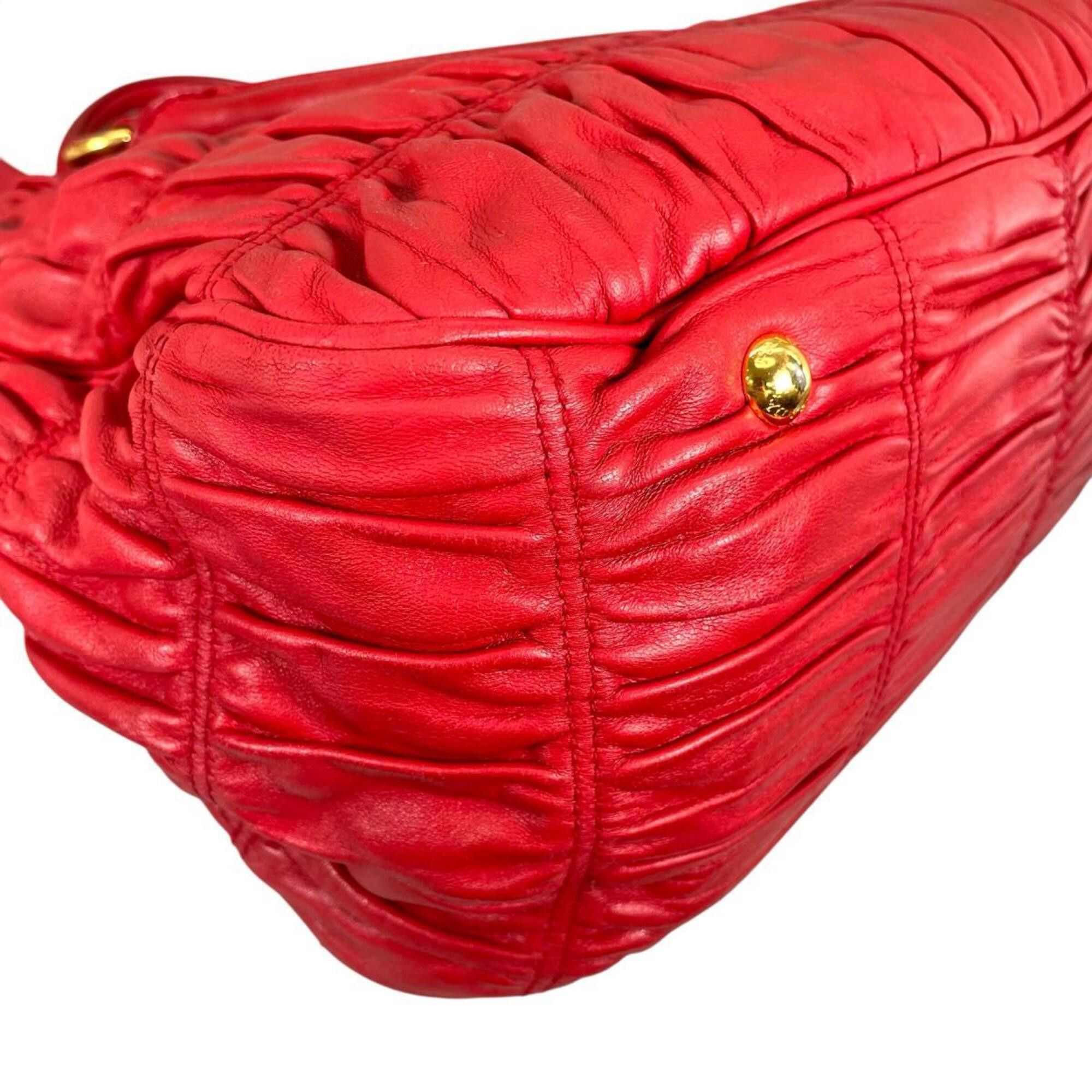 Prada Prada Tote Bag Shoulder Gathered Nappa Gaufre Leather B2588L Red Size ONE SIZE - 9 Thumbnail