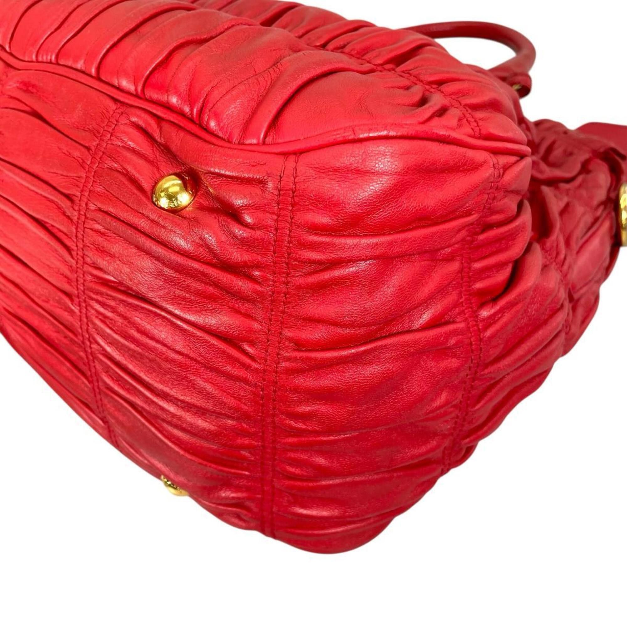 Prada Prada Tote Bag Shoulder Gathered Nappa Gaufre Leather B2588L Red Size ONE SIZE - 6 Thumbnail