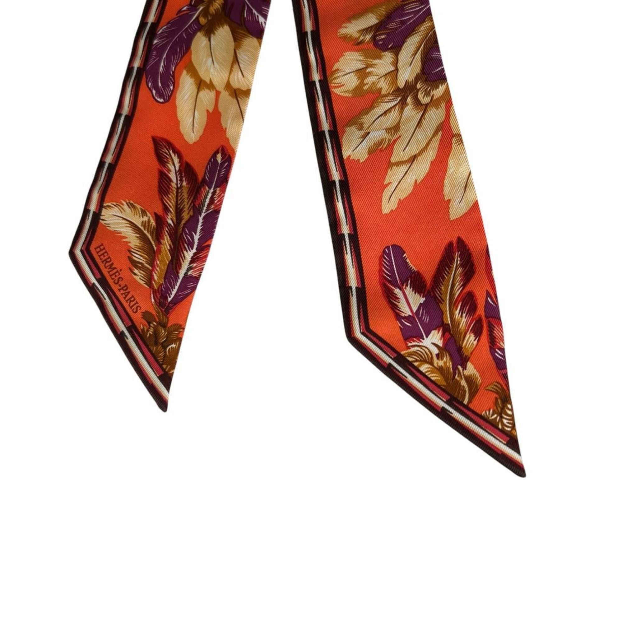 Hermes Hermes scarf/muffler, ribbon scarf, feather design, twilly, silk, orange. Size ONE SIZE - 4 Thumbnail