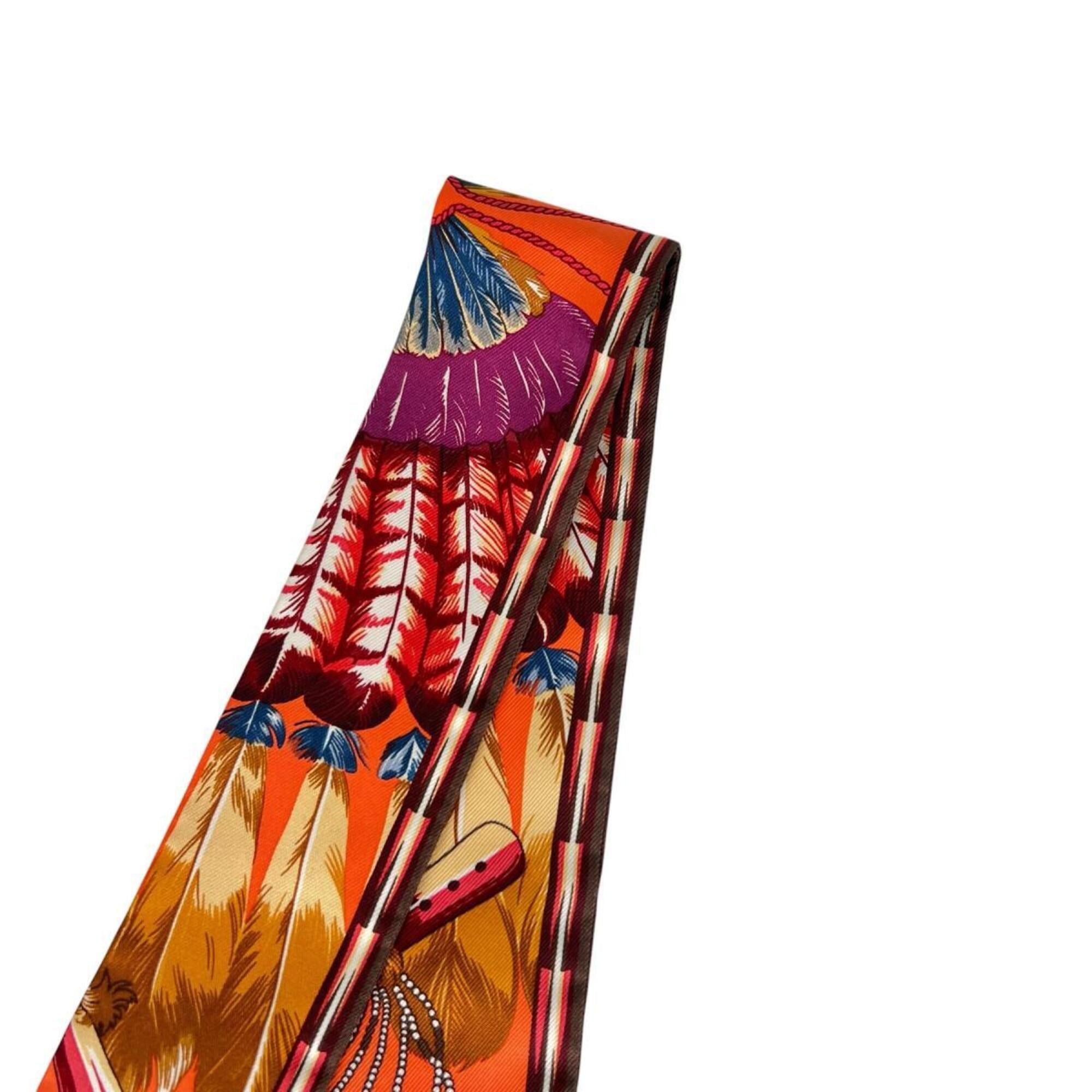 Hermes Hermes scarf/muffler, ribbon scarf, feather design, twilly, silk, orange. Size ONE SIZE - 9 Thumbnail