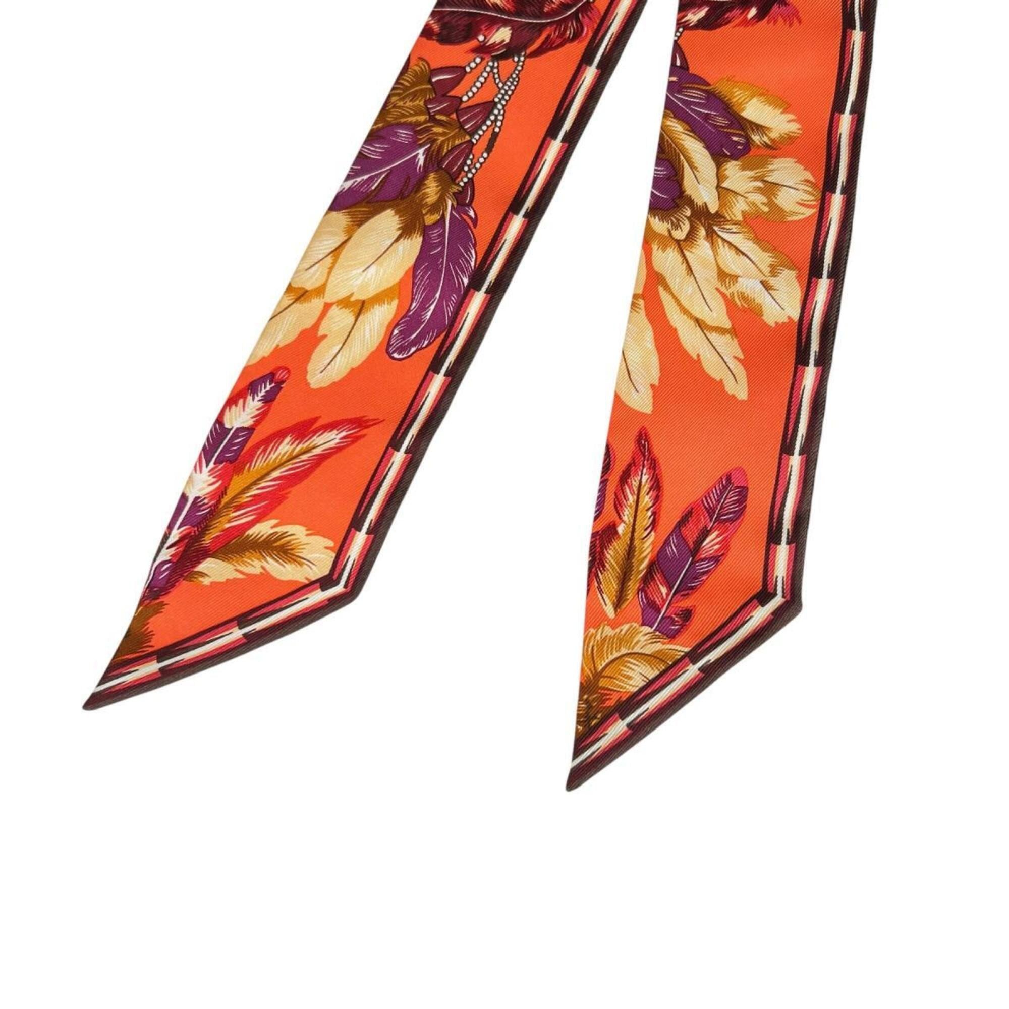 Hermes Hermes scarf/muffler, ribbon scarf, feather design, twilly, silk, orange. Size ONE SIZE - 7 Thumbnail