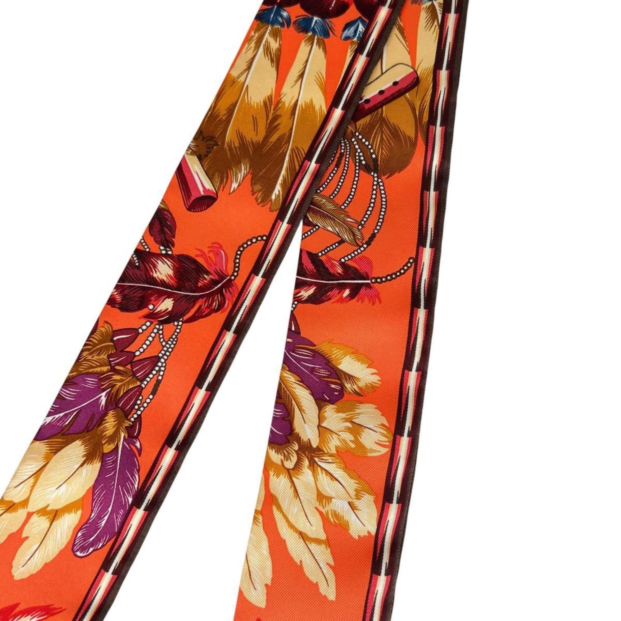 Hermes Hermes scarf/muffler, ribbon scarf, feather design, twilly, silk, orange. Size ONE SIZE - 8 Thumbnail