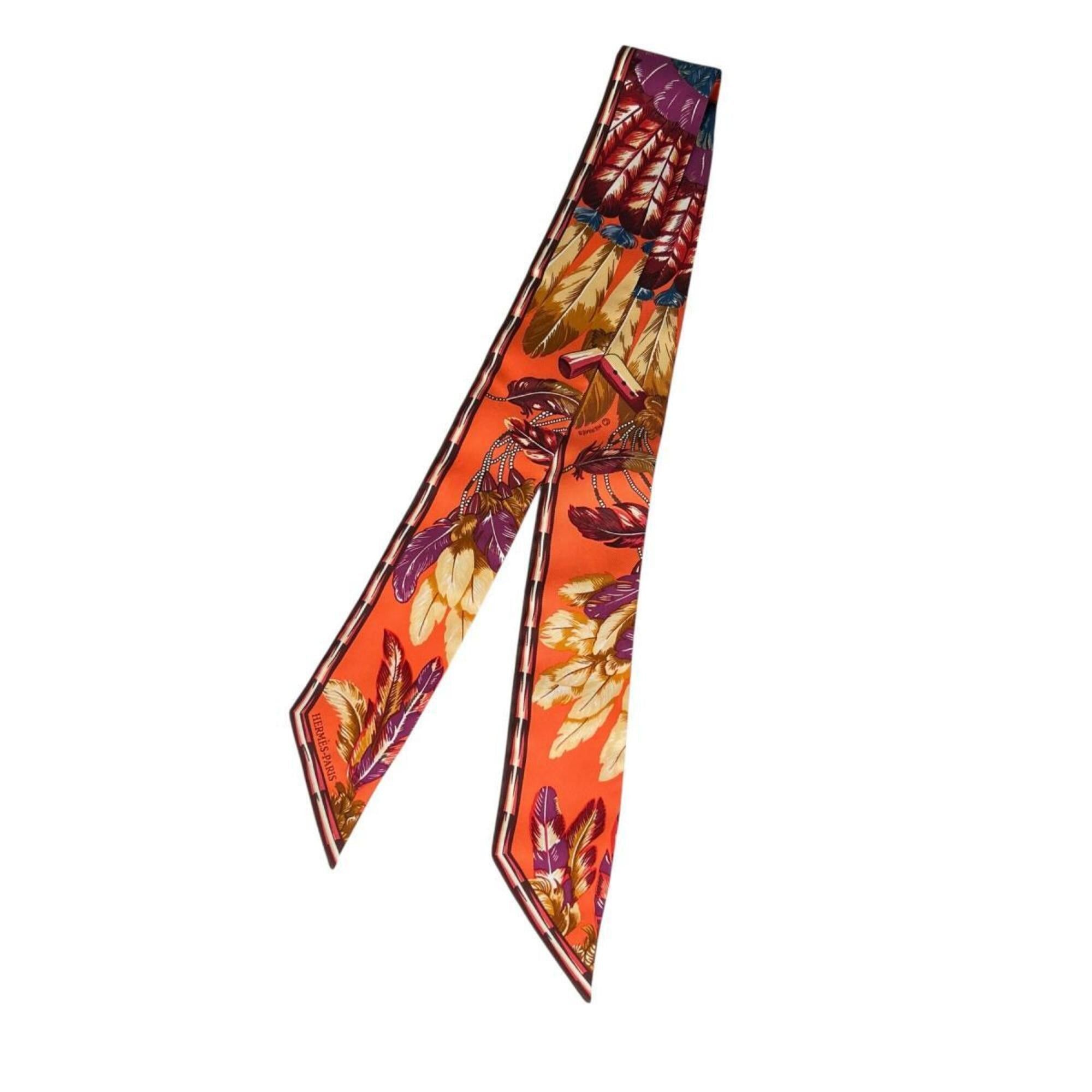 Hermes Hermes scarf/muffler, ribbon scarf, feather design, twilly, silk, orange. Size ONE SIZE - 3 Thumbnail