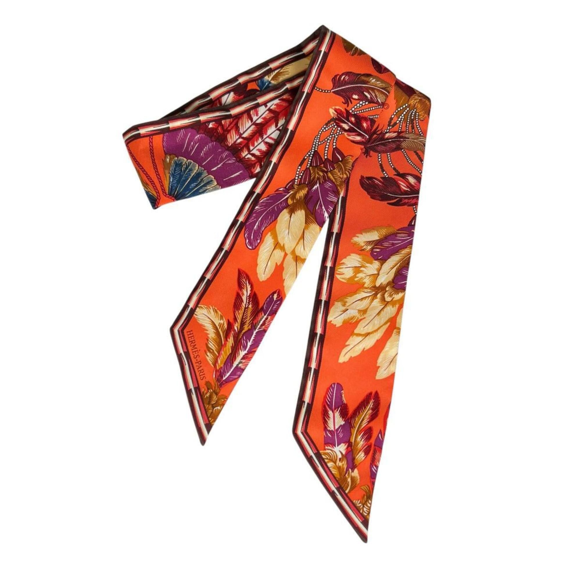 Hermes Hermes scarf/muffler, ribbon scarf, feather design, twilly, silk, orange. Size ONE SIZE - 2 Thumbnail