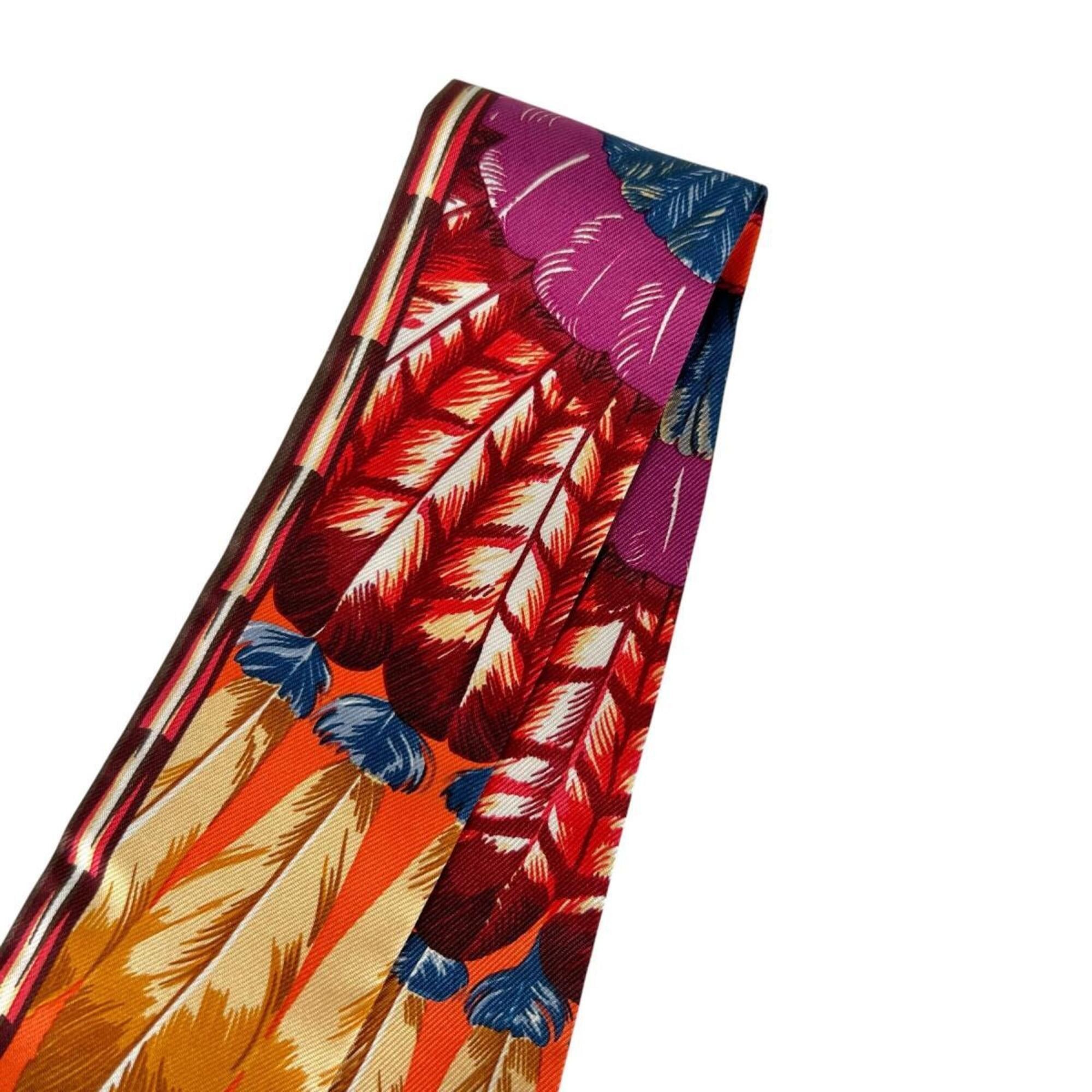 Hermes Hermes scarf/muffler, ribbon scarf, feather design, twilly, silk, orange. Size ONE SIZE - 6 Thumbnail