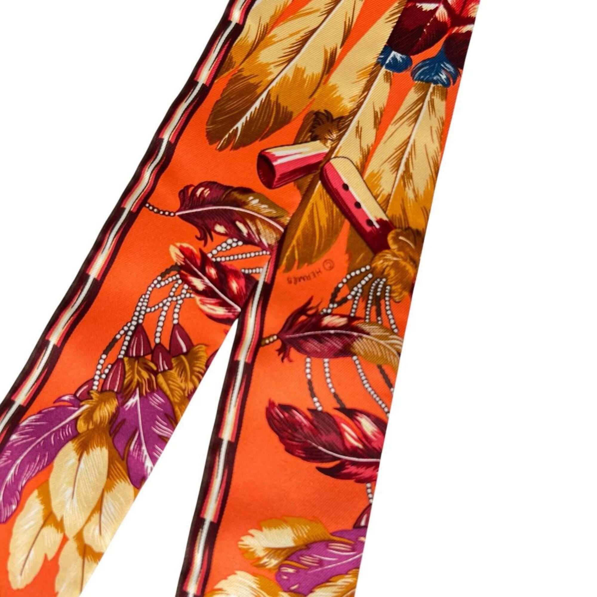 Hermes Hermes scarf/muffler, ribbon scarf, feather design, twilly, silk, orange. Size ONE SIZE - 5 Thumbnail