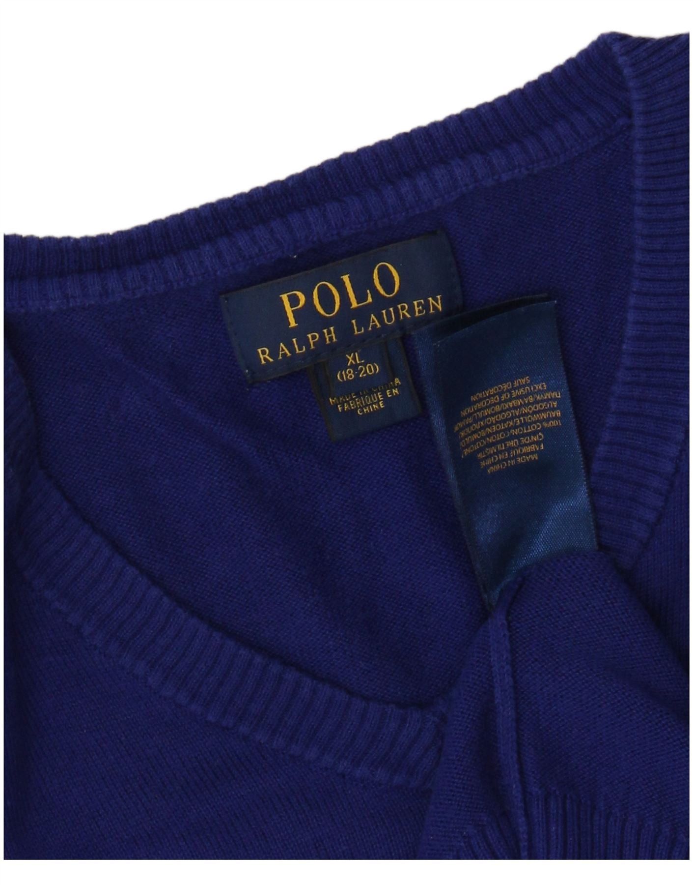 Ralph Lauren Boys V-Neck Jumper Sweater 13-14 Years XL Blue Cotton Size XL / US 12-14 / IT 48-50 - 3 Thumbnail