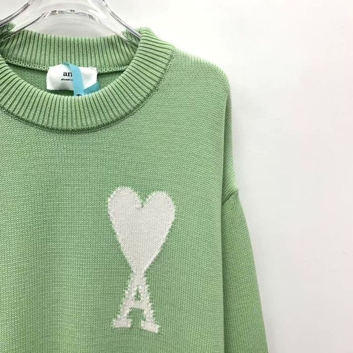 AMI Ami 2022 Green Heart Letter Intarsia Cotton Sweater Size S / US 4 / IT 40 - 3 Thumbnail