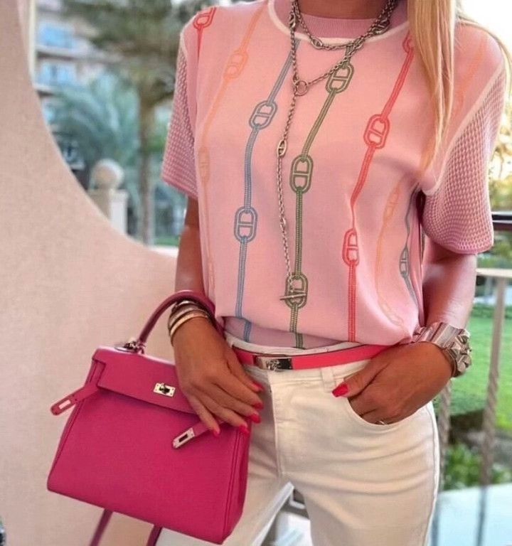 Hermes Hermes Pink Stripe Pig Nose Print Silk Knit Top Size S / US 4 / IT 40 - 8 Thumbnail