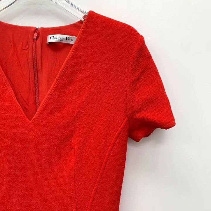 Dior Dior Red Ruffled Hem Wool V-Neck Dress Size S / US 4 / IT 40 - 3 Thumbnail