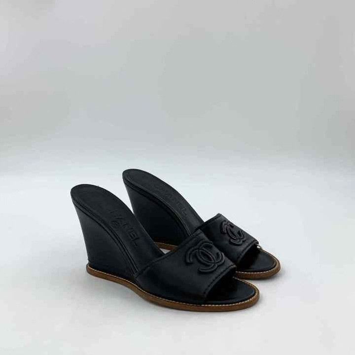 Chanel Chanel Black Logo Leather Wedge Sandals Size US 4 / IT 34 - 2 Thumbnail