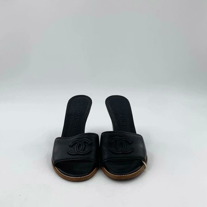 Chanel Chanel Black Logo Leather Wedge Sandals Size US 4 / IT 34 - 3 Thumbnail