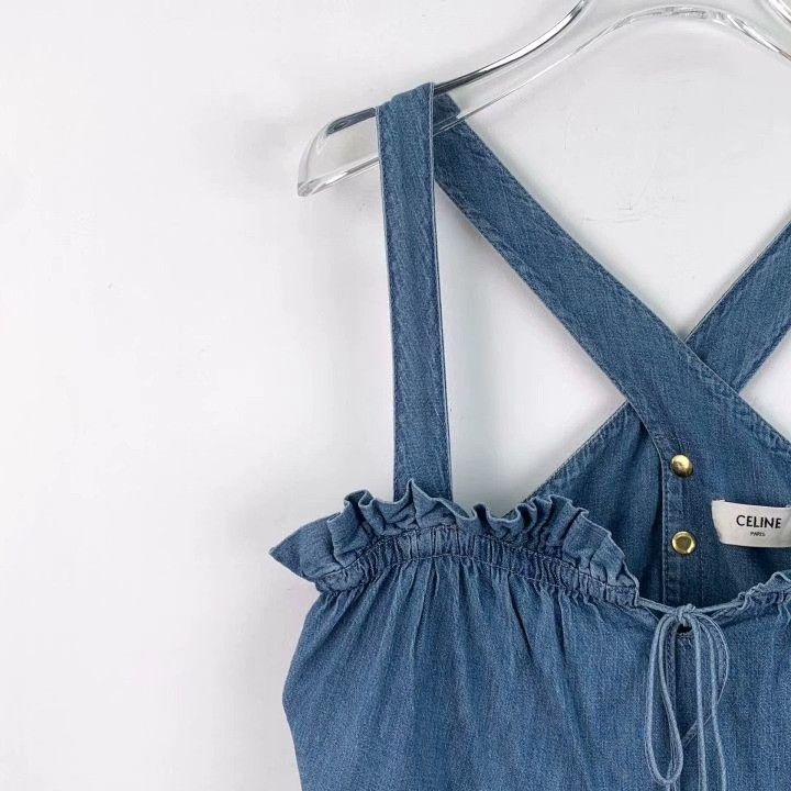 Celine Celine Blue Ruffled Bow Cotton Cami Dress Size S / US 4 / IT 40 - 3 Thumbnail