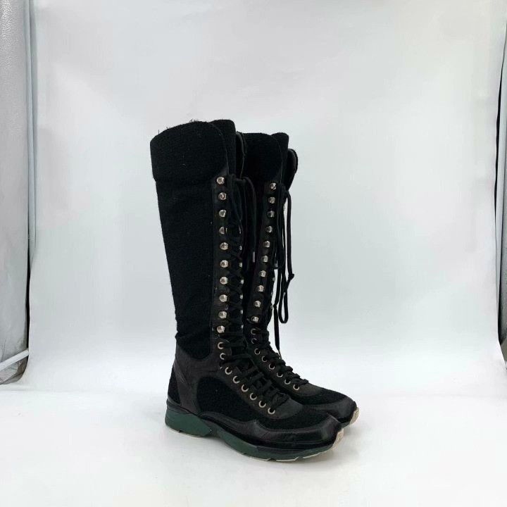 Chanel Chanel Black Lace-Up Sporty Knee-High Boots Size US 7 / IT 37 - 2 Thumbnail