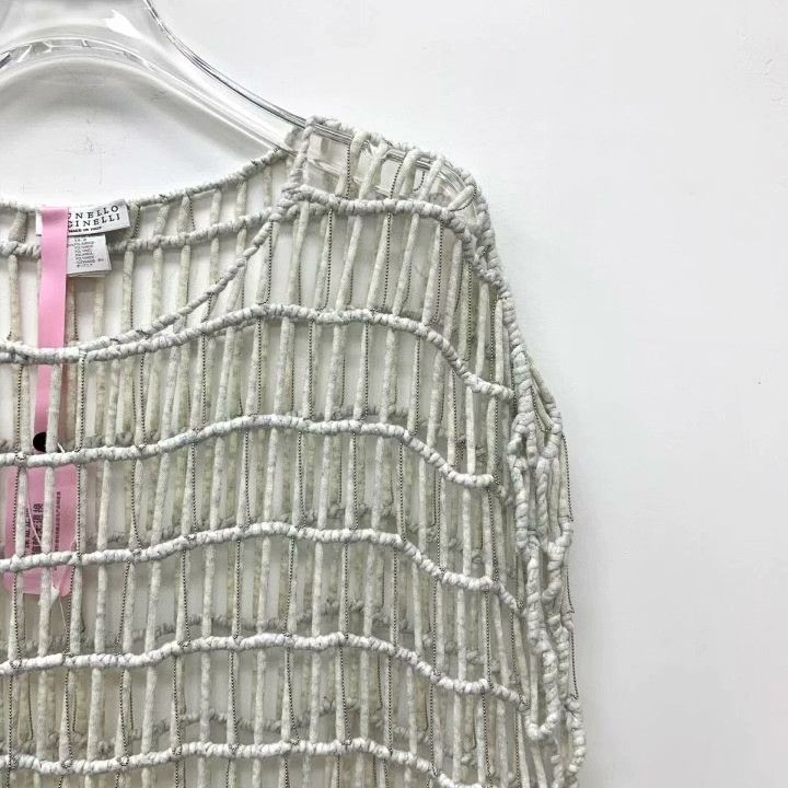 Brunello Cucinelli Brunello Cucinelli Beaded Cotton Openwork Top Size L / US 10 / IT 46 - 3 Thumbnail
