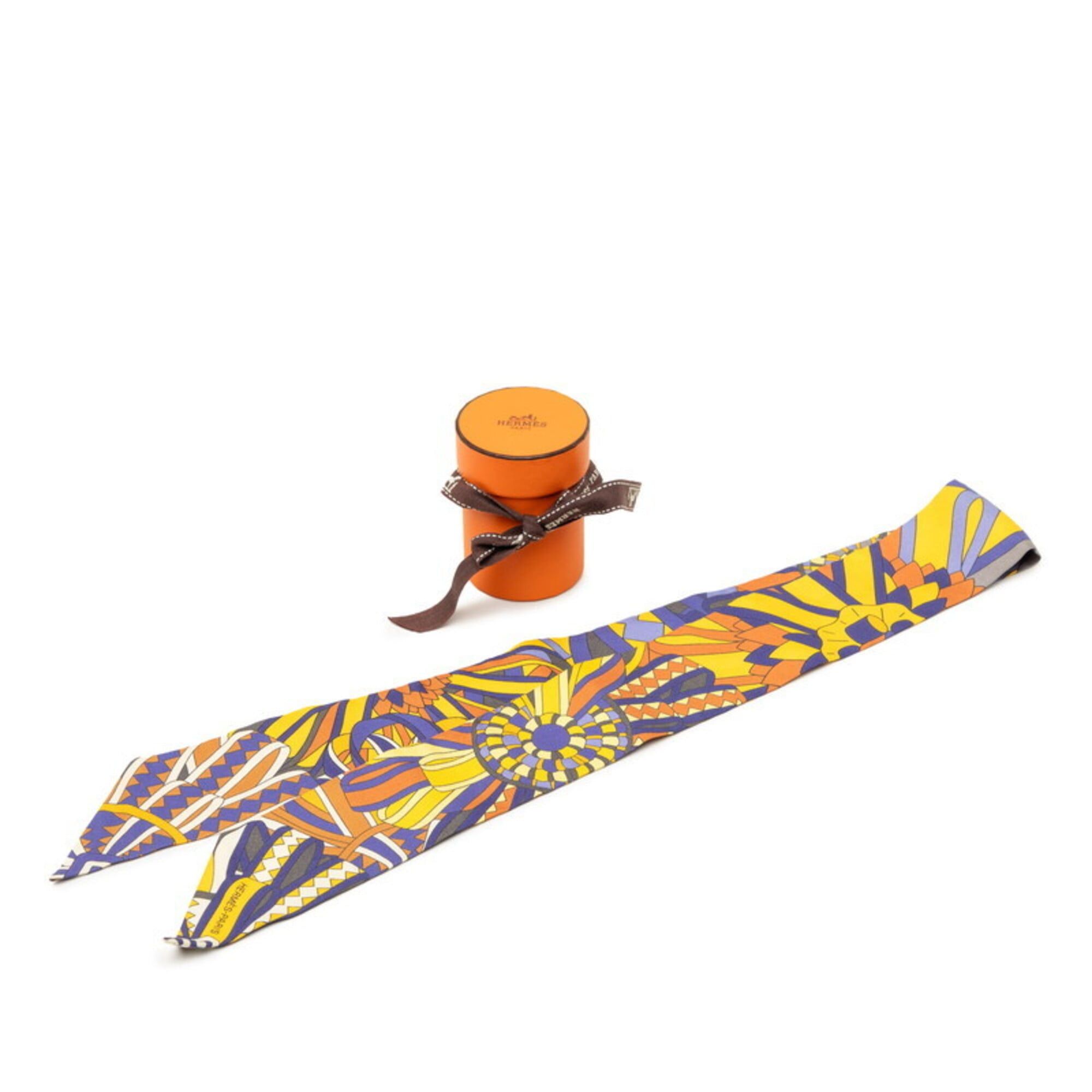 Hermes Hermes Twilly LES FLOTS DU CHEVAL (Horse Award) Scarf/Muffler, Purple, Yellow, Orange, Silk, Women's HERMES Size ONE SIZE - 5 Thumbnail