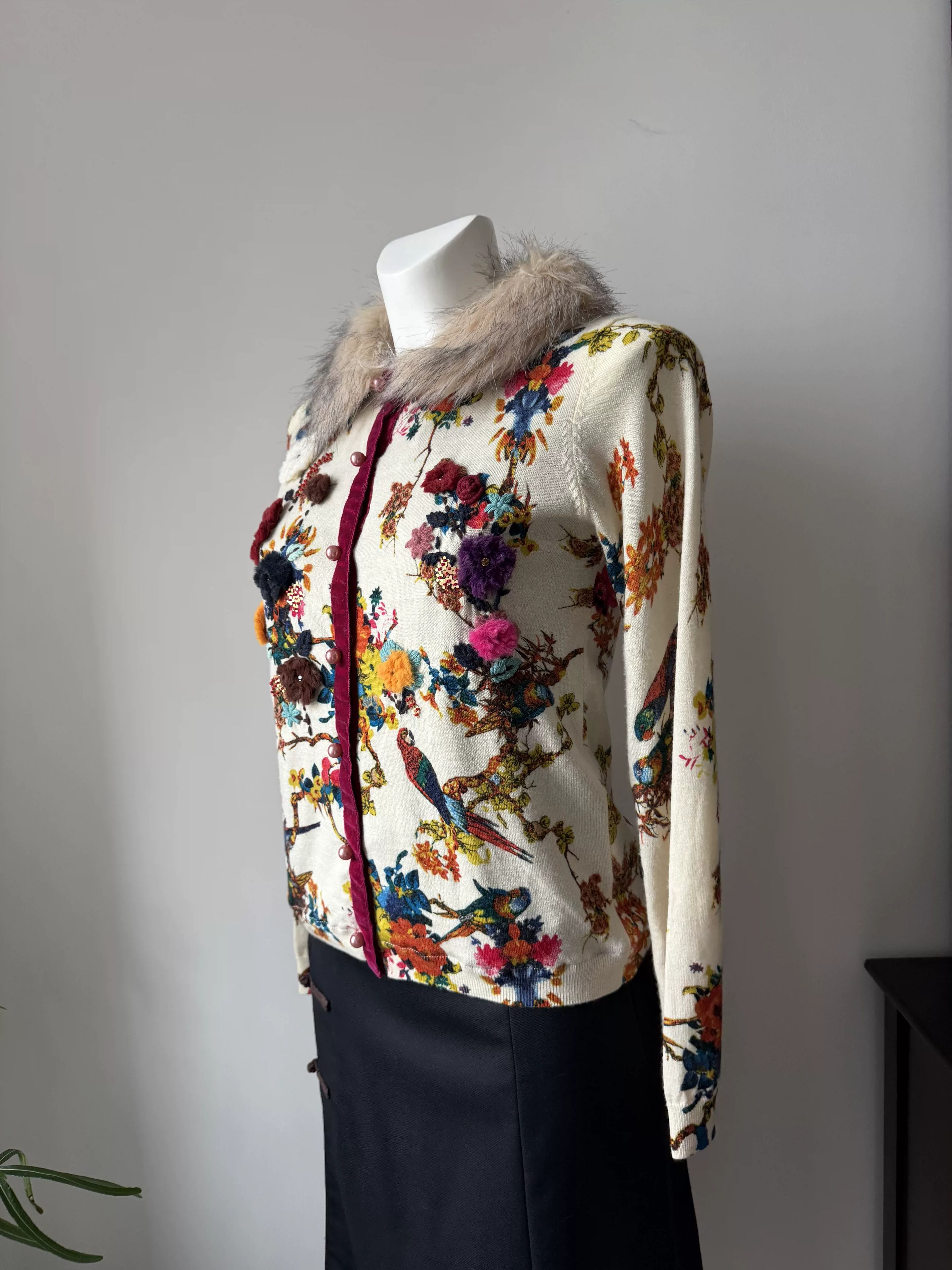 TWINSET TWINSET Floral Bird Embroidery Fur Collar Knit Jacket Size M / US 6-8 / IT 42-44 - 4 Thumbnail