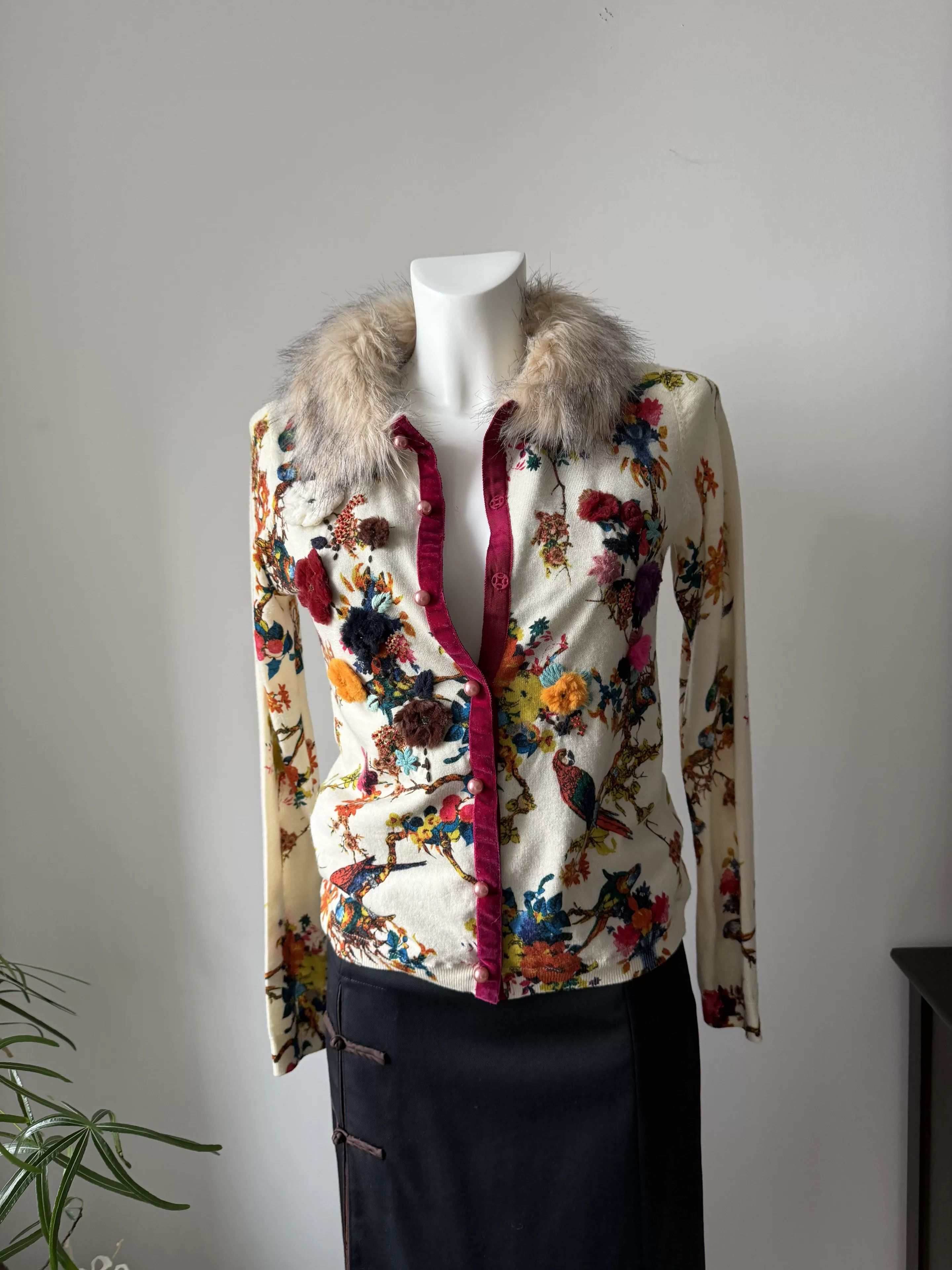 TWINSET TWINSET Floral Bird Embroidery Fur Collar Knit Jacket Size M / US 6-8 / IT 42-44 - 6 Thumbnail
