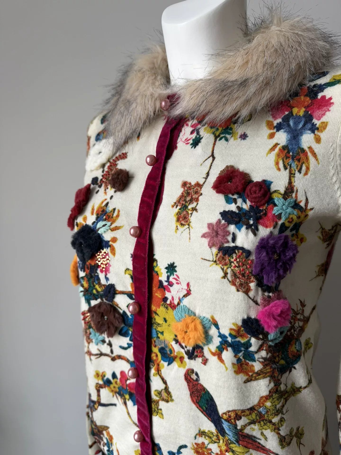 TWINSET TWINSET Floral Bird Embroidery Fur Collar Knit Jacket Size M / US 6-8 / IT 42-44 - 5 Thumbnail