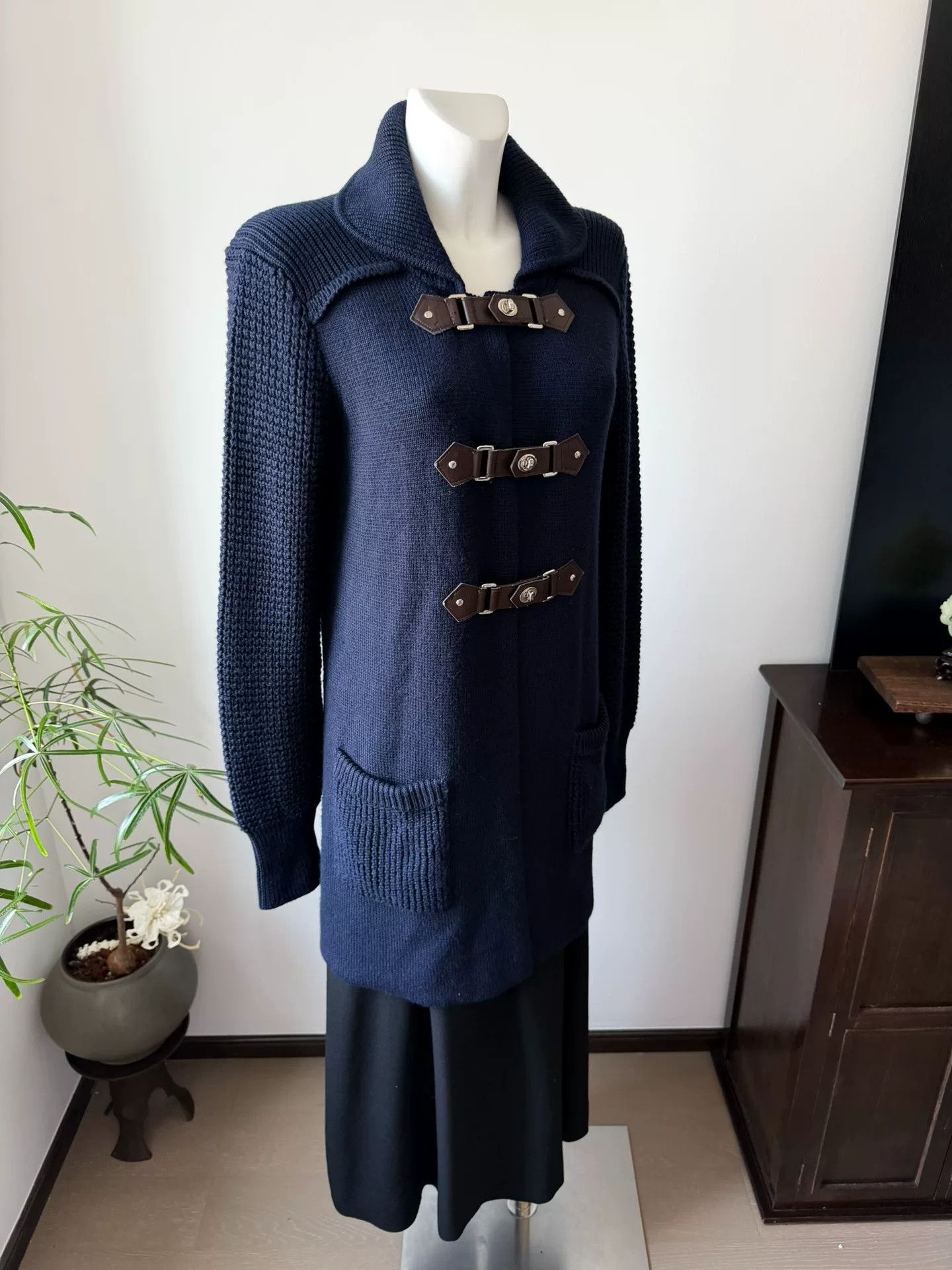 Sportmax SPORTMAX Navy Leather Button Knit Cardigan Size M / US 6-8 / IT 42-44 - 4 Thumbnail