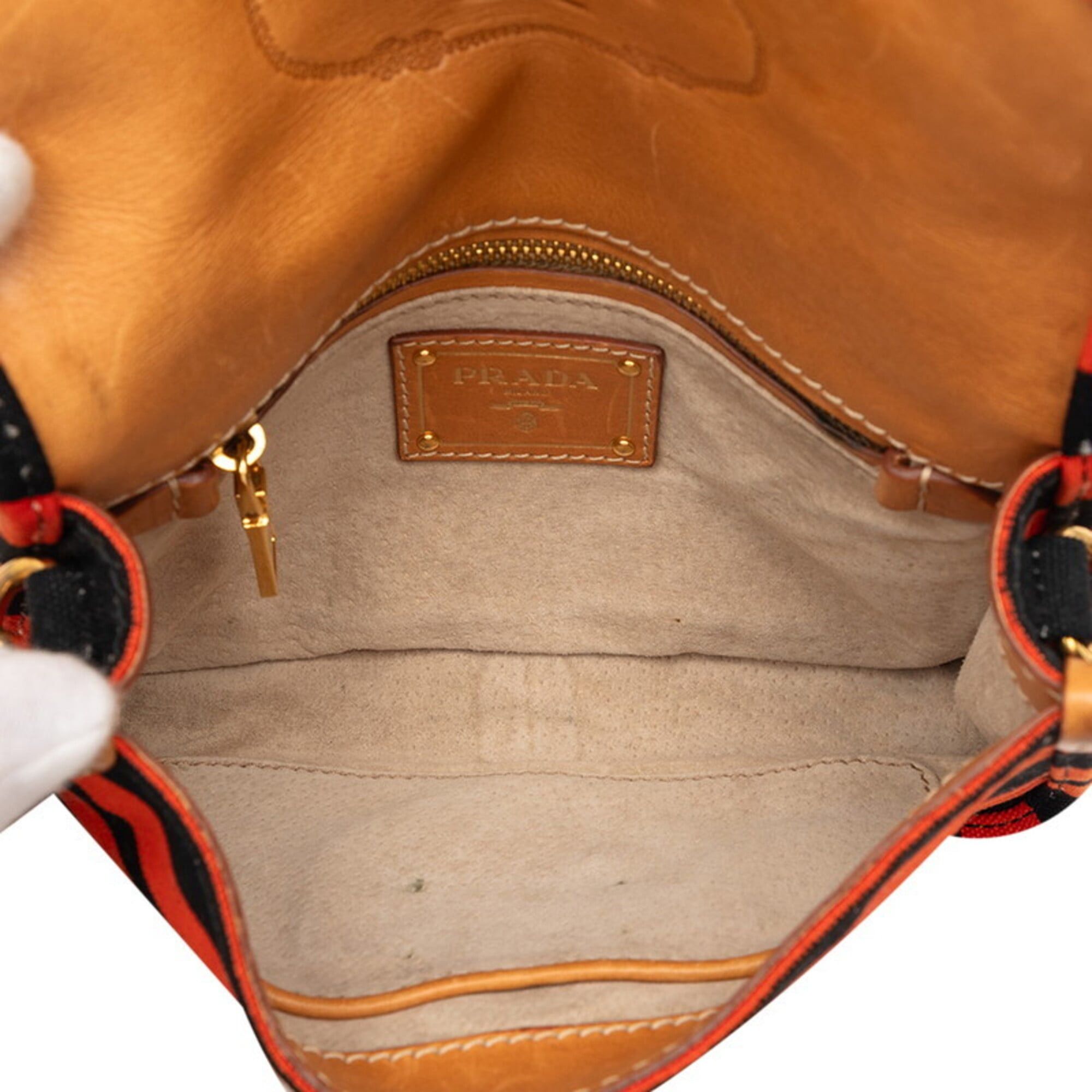 Prada Prada Triangle Logo Plate Canapa Border Shoulder Bag BT0785 Orange Black Canvas Leather Women's PRADA Size ONE SIZE - 4 Thumbnail