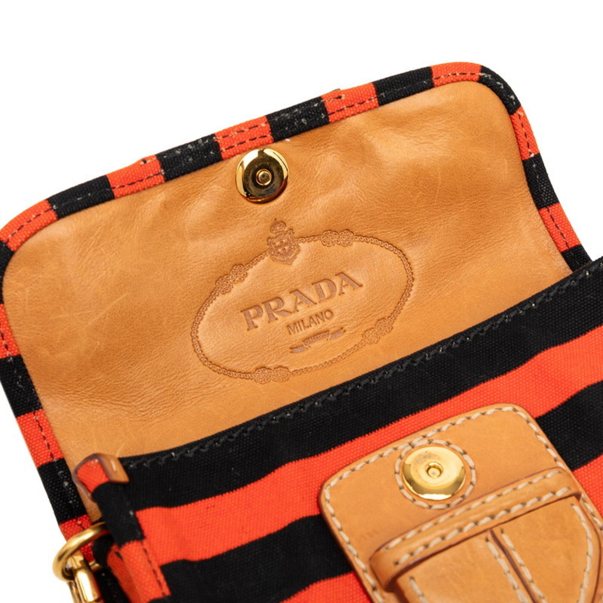 Prada Prada Triangle Logo Plate Canapa Border Shoulder Bag BT0785 Orange Black Canvas Leather Women's PRADA Size ONE SIZE - 5 Thumbnail
