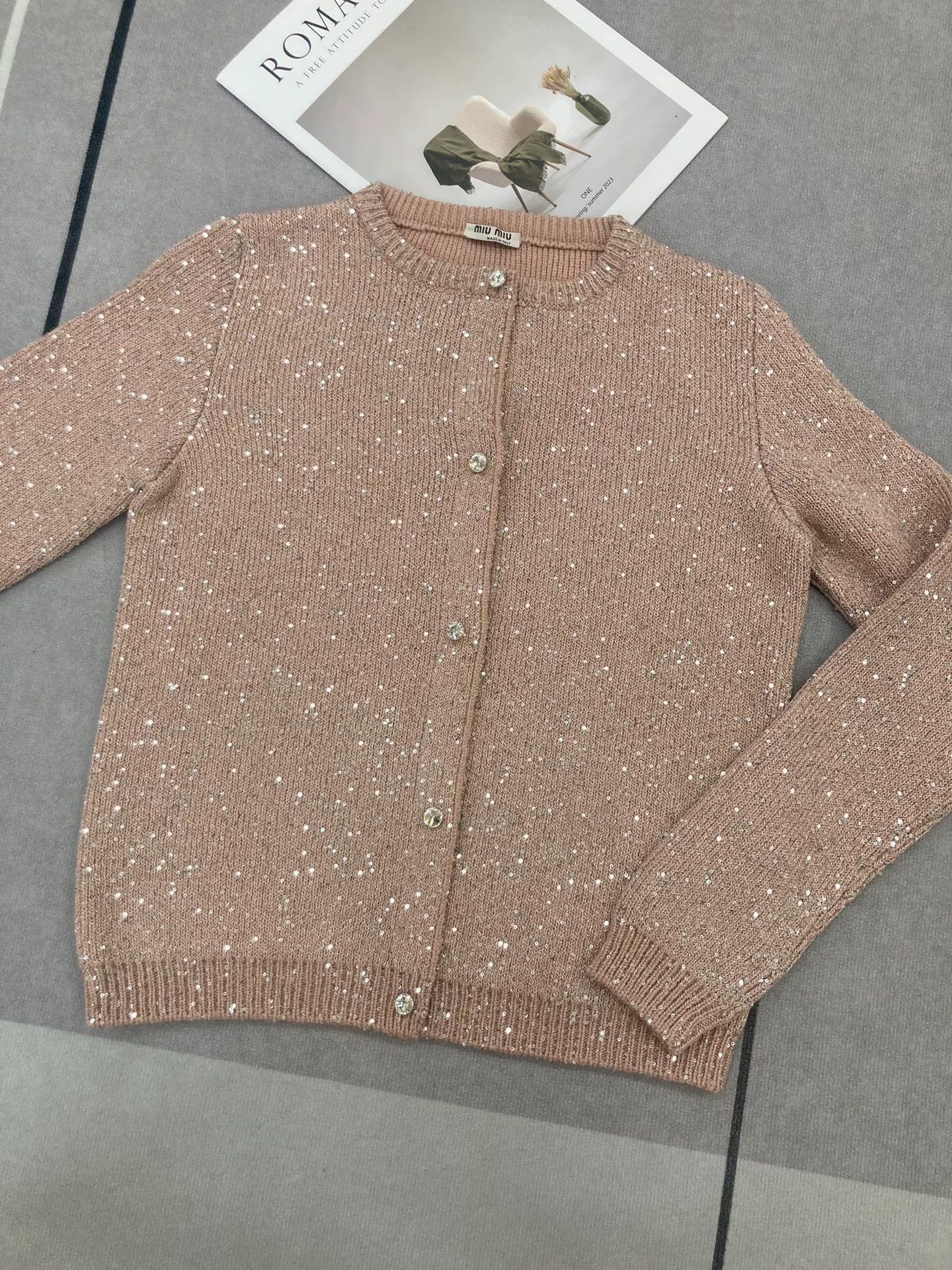 Miu Miu Miumiu Pink Sequin Crystal Button Knit Cardigan Size S / US 4 / IT 40 - 2 Thumbnail