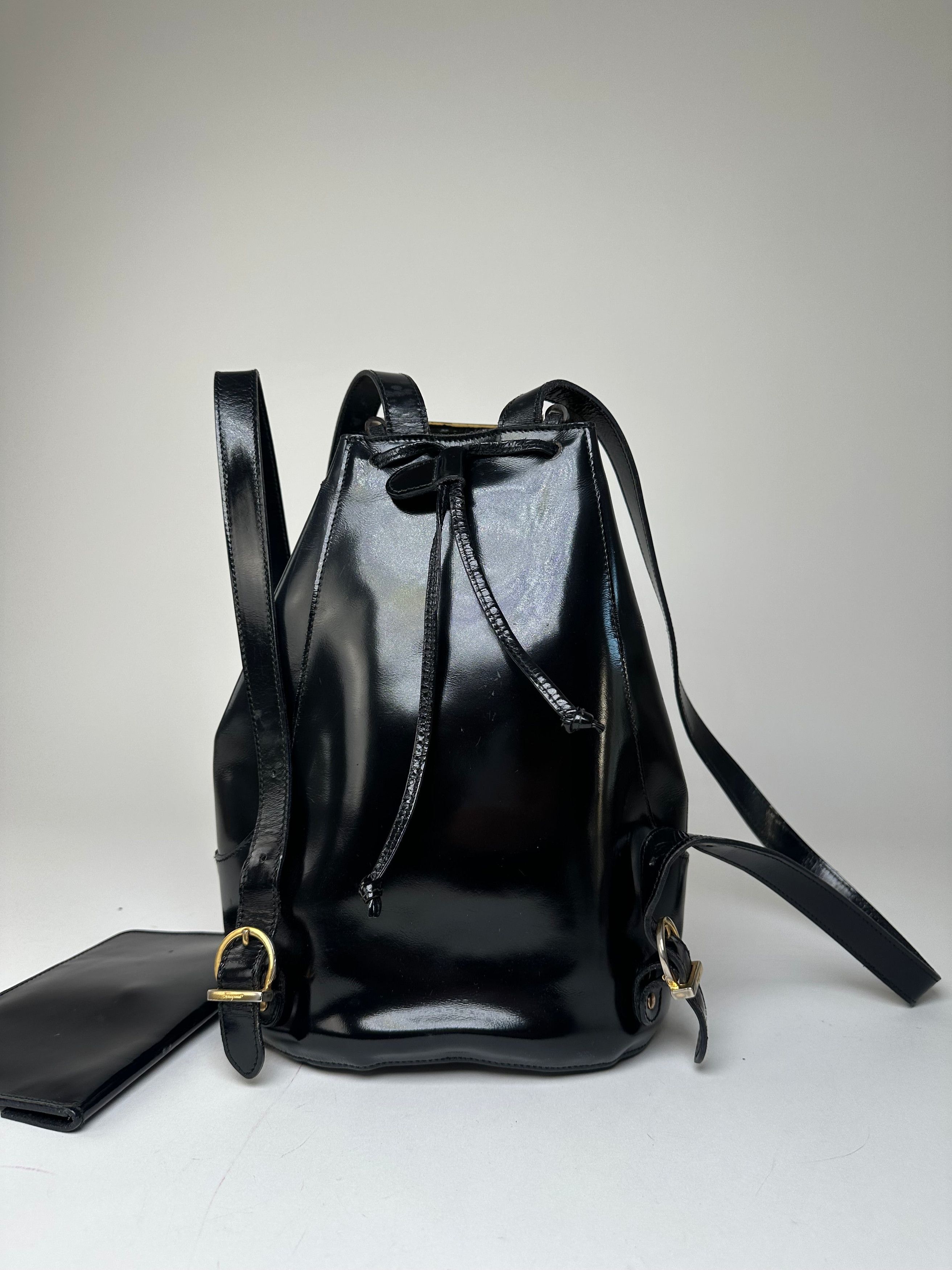 Salvatore Ferragamo Vintage Patent Leather Drawstring Backpack Black Size ONE SIZE - 8 Thumbnail