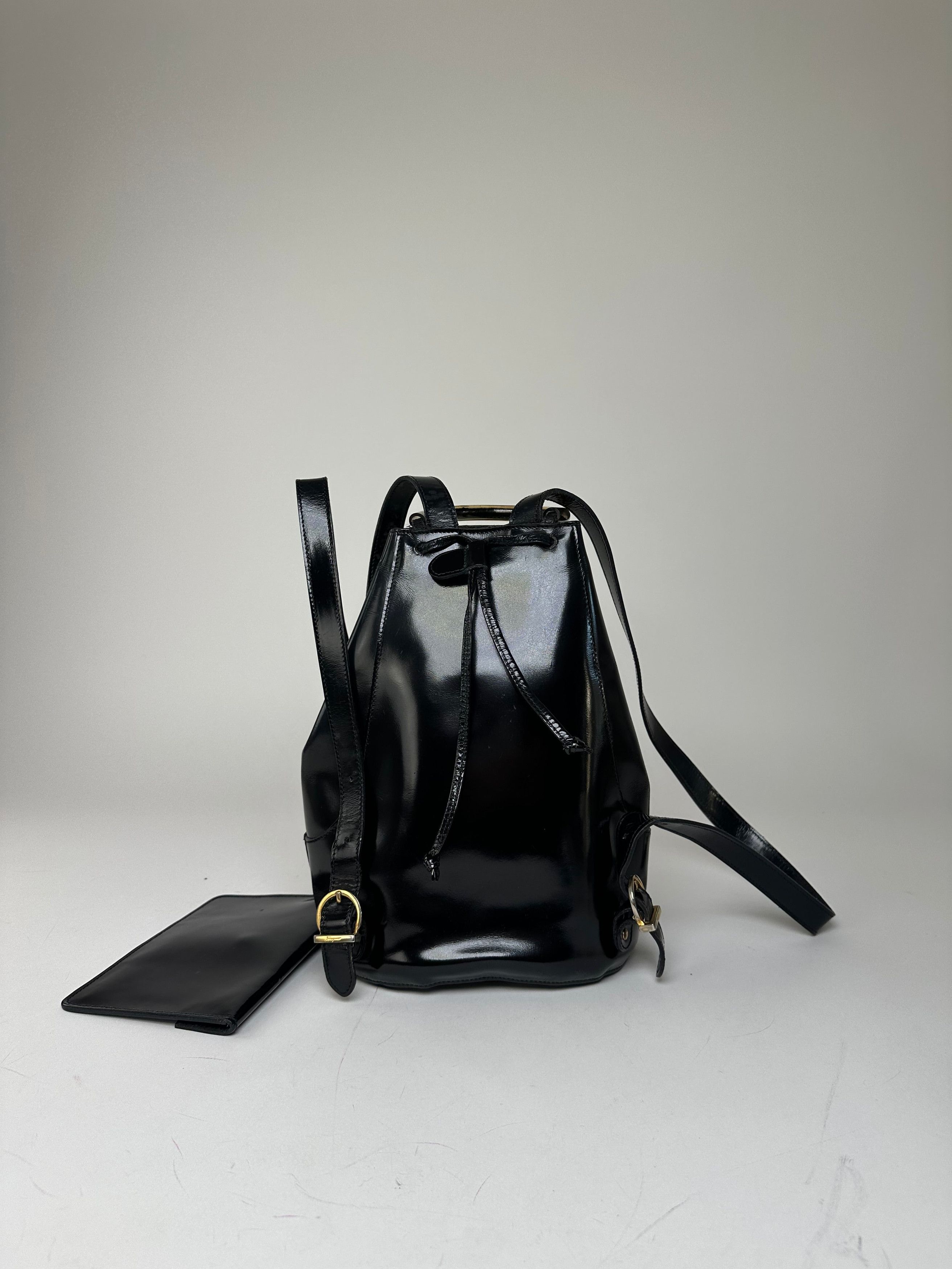 Salvatore Ferragamo Vintage Patent Leather Drawstring Backpack Black Size ONE SIZE - 3 Thumbnail