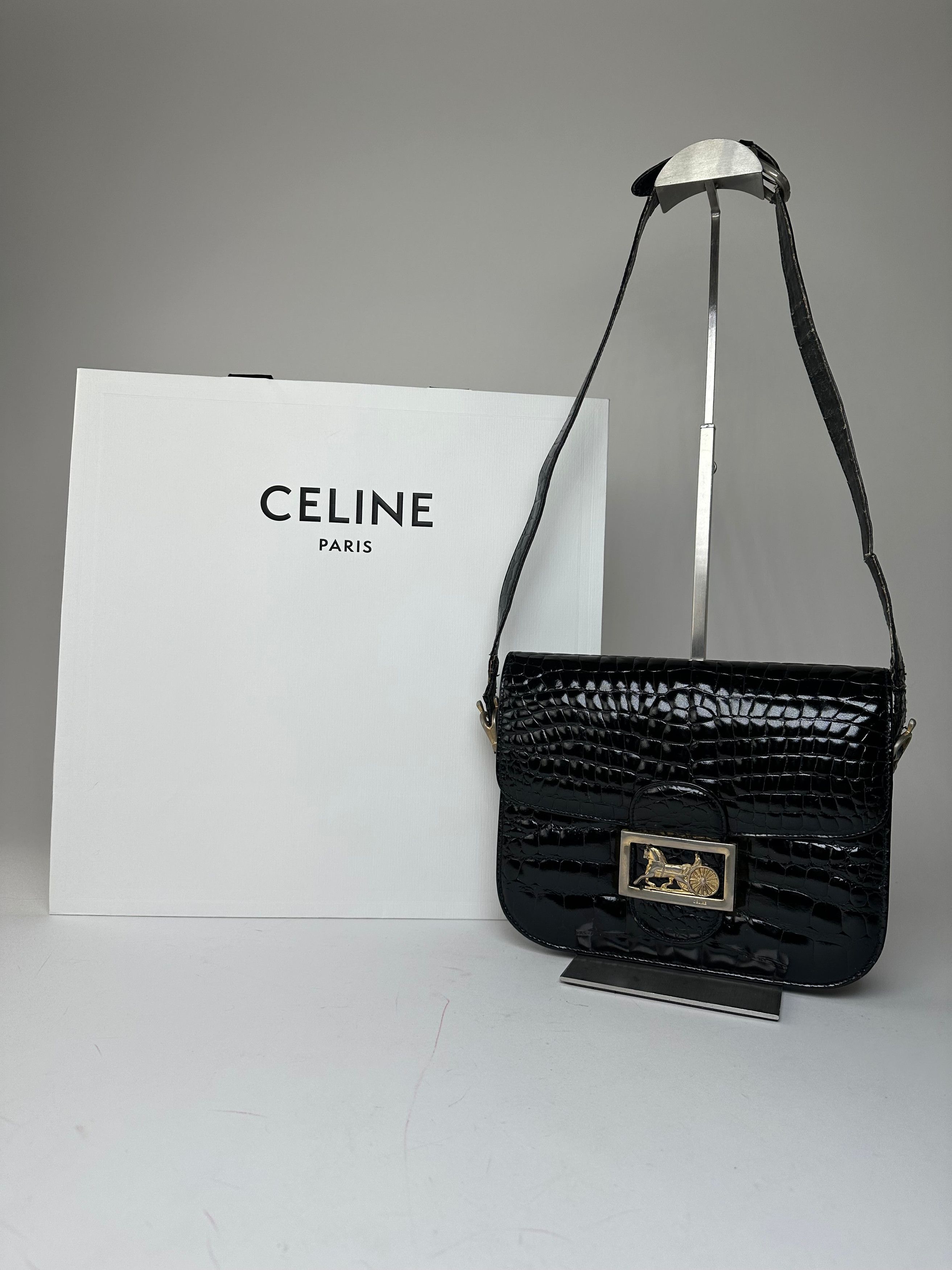 Celine Vintage Croc-Embossed Leather Shoulder Bag Black Size ONE SIZE - 2 Thumbnail
