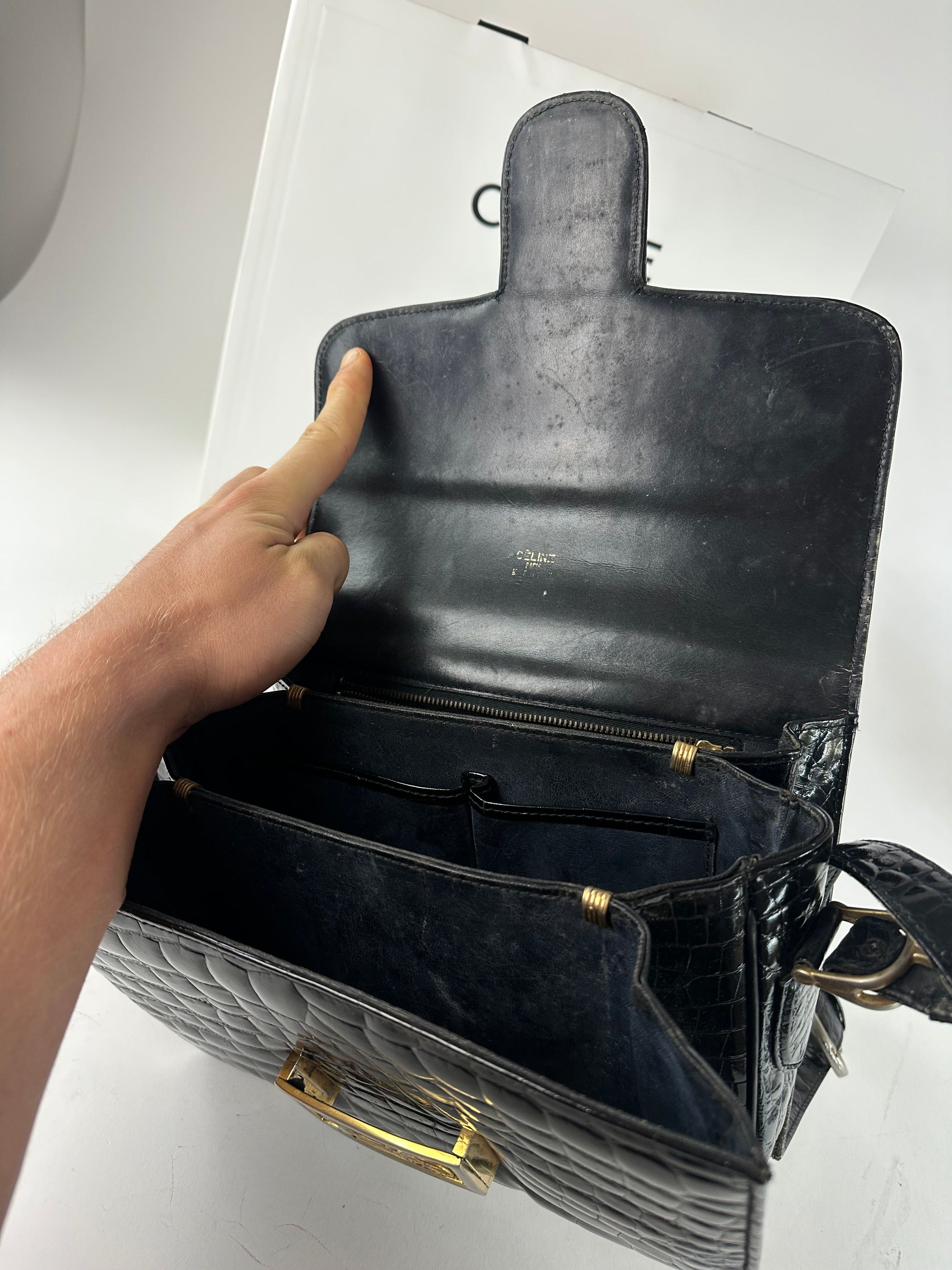 Celine Vintage Croc-Embossed Leather Shoulder Bag Black Size ONE SIZE - 12 Thumbnail