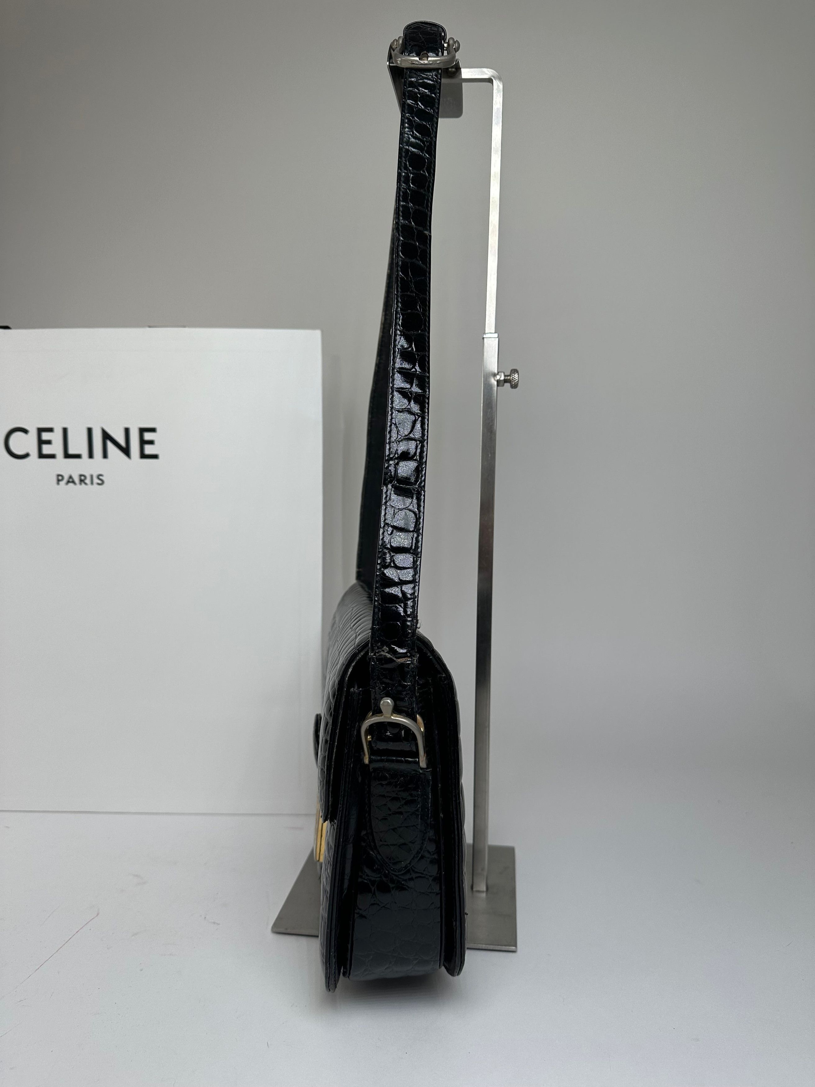 Celine Vintage Croc-Embossed Leather Shoulder Bag Black Size ONE SIZE - 4 Thumbnail