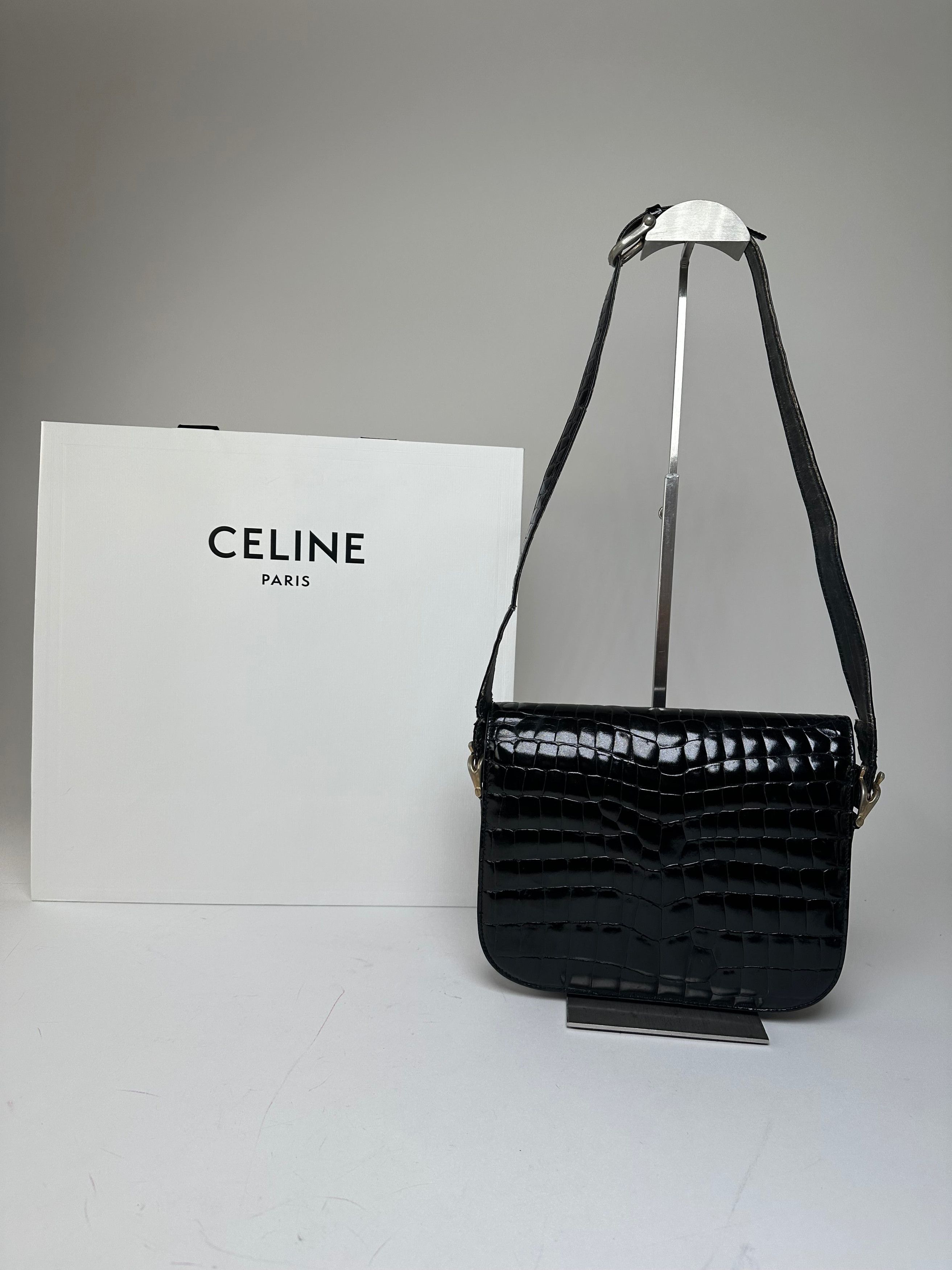 Celine Vintage Croc-Embossed Leather Shoulder Bag Black Size ONE SIZE - 6 Thumbnail