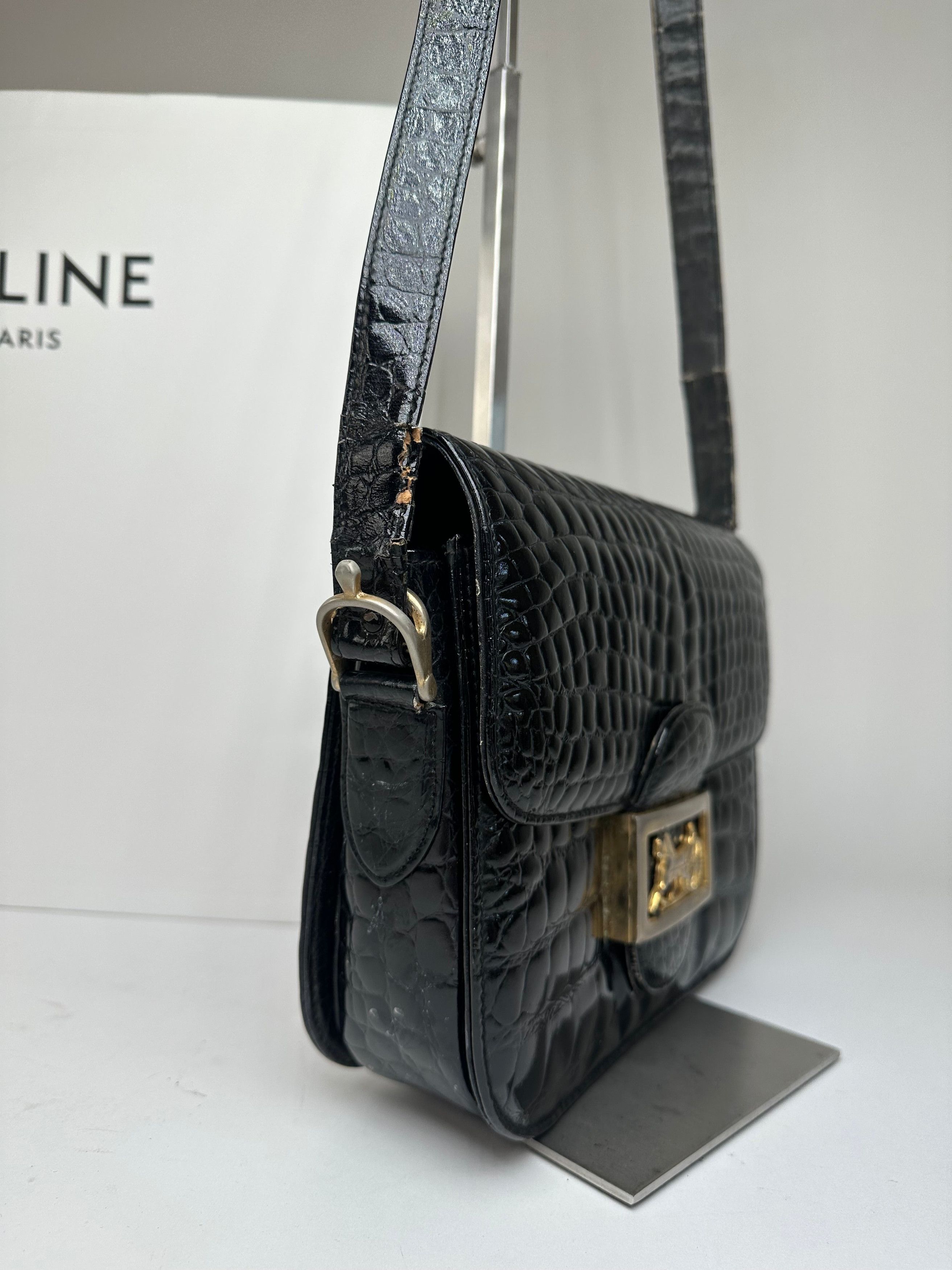 Celine Vintage Croc-Embossed Leather Shoulder Bag Black Size ONE SIZE - 5 Thumbnail
