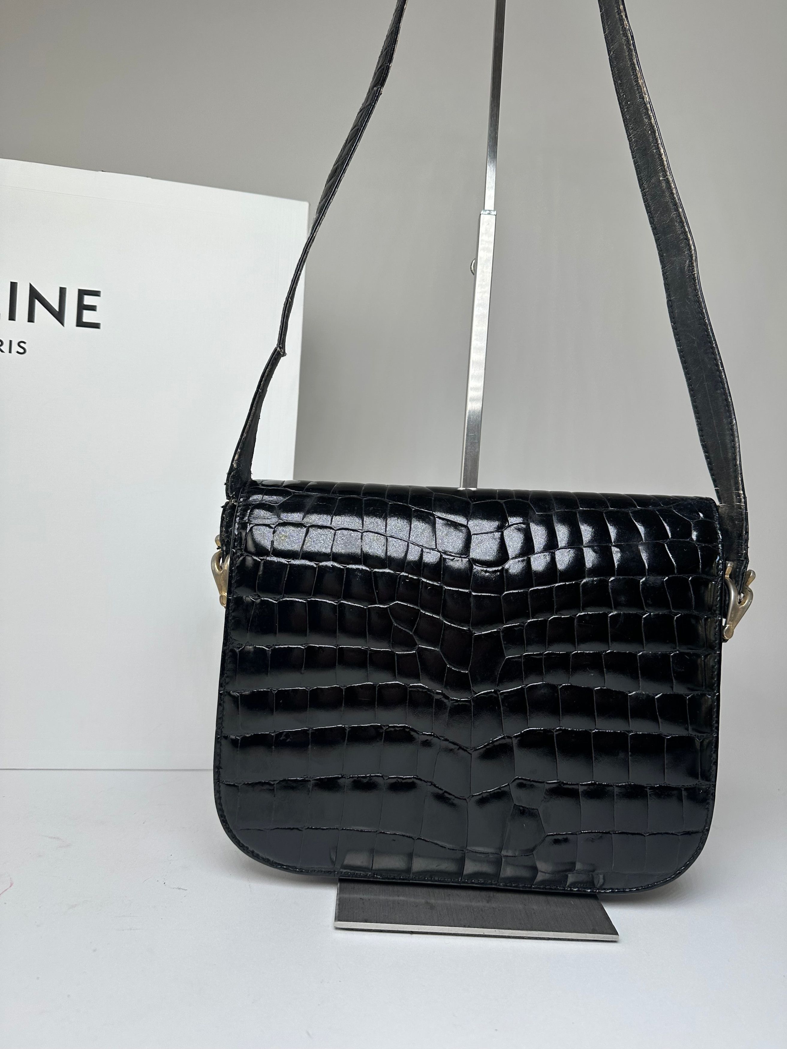 Celine Vintage Croc-Embossed Leather Shoulder Bag Black Size ONE SIZE - 7 Thumbnail