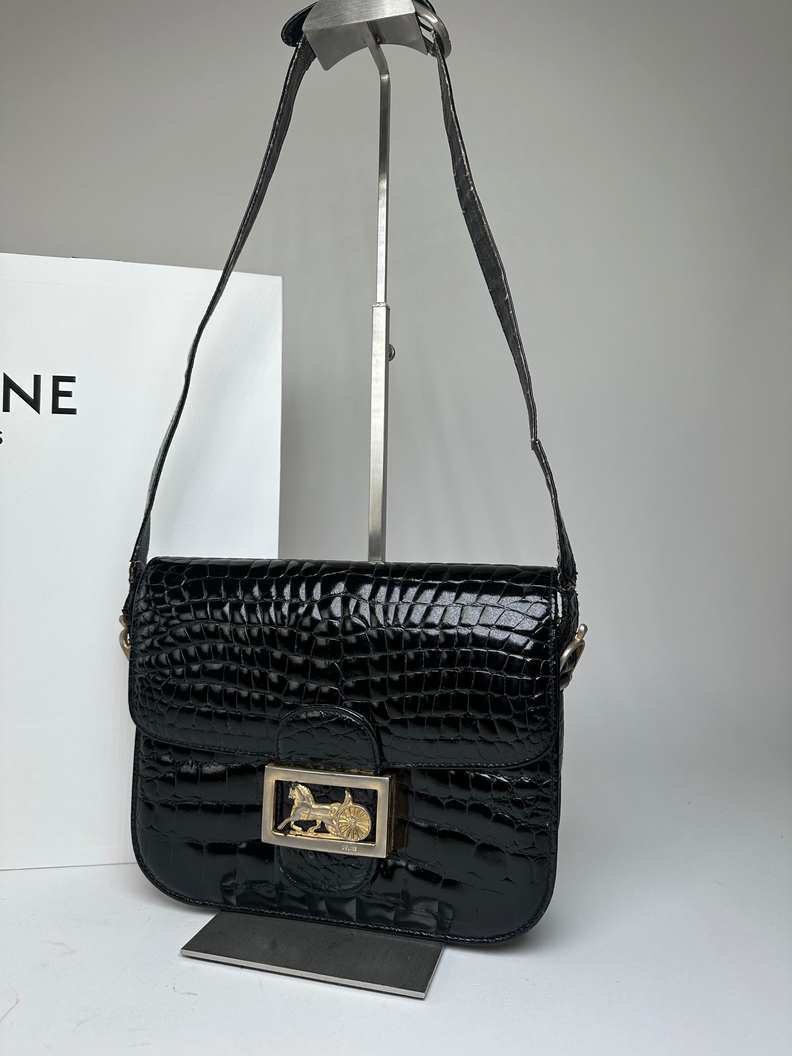Celine Vintage Croc-Embossed Leather Shoulder Bag Black Size ONE SIZE - 3 Thumbnail