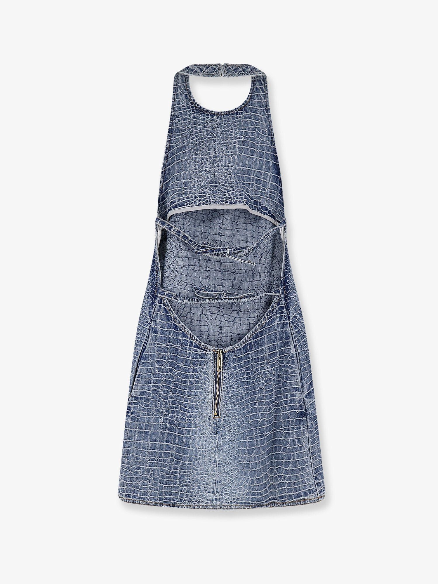Self-Portrait Rhinestone Croc Effect Denim Dress Size M / US 6-8 / IT 42-44 - 2 Thumbnail
