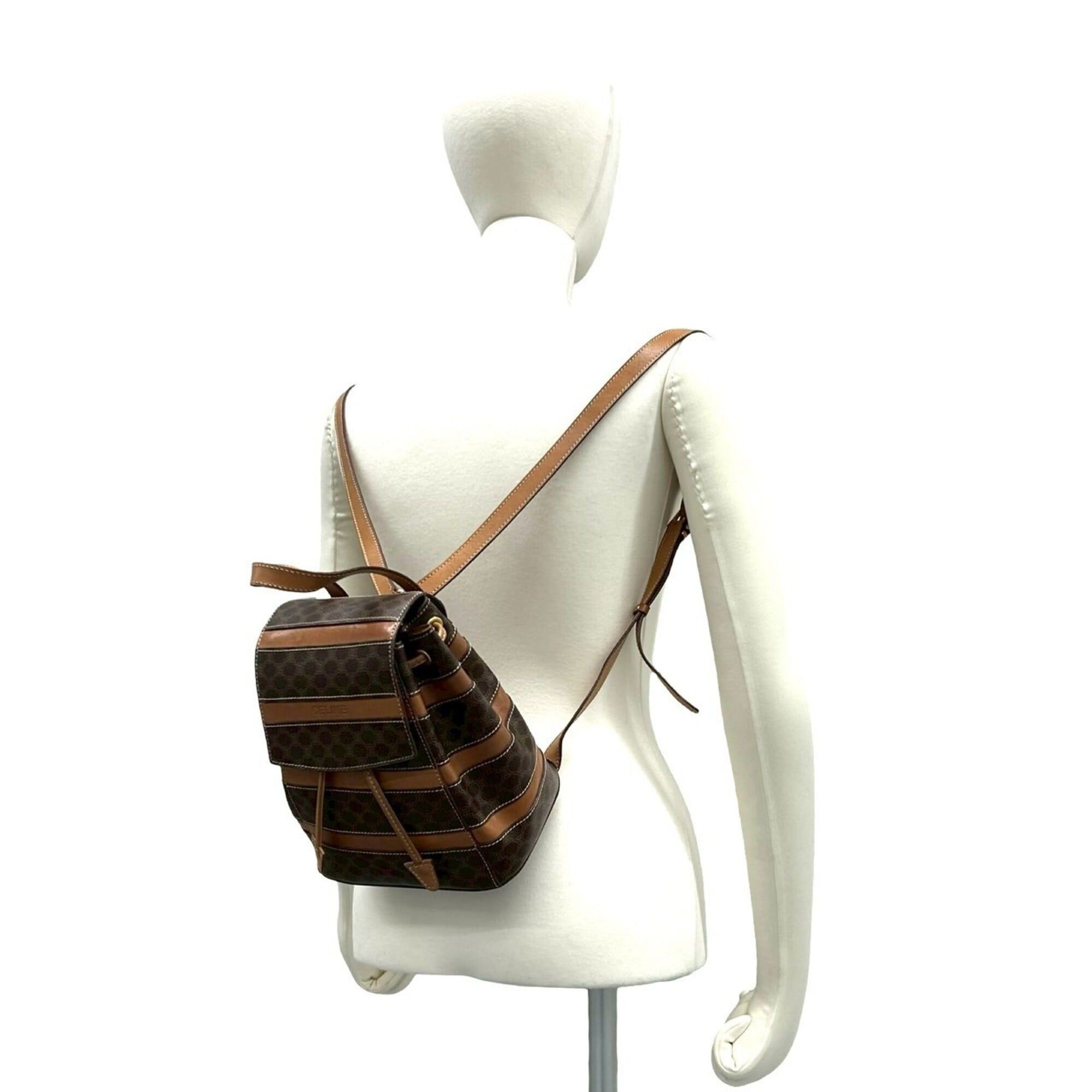Celine CELINE Vintage Macadam Blazon Triomphe Pattern Leather Drawstring Mini Backpack Daypack Brown 38725 Size ONE SIZE - 2 Thumbnail