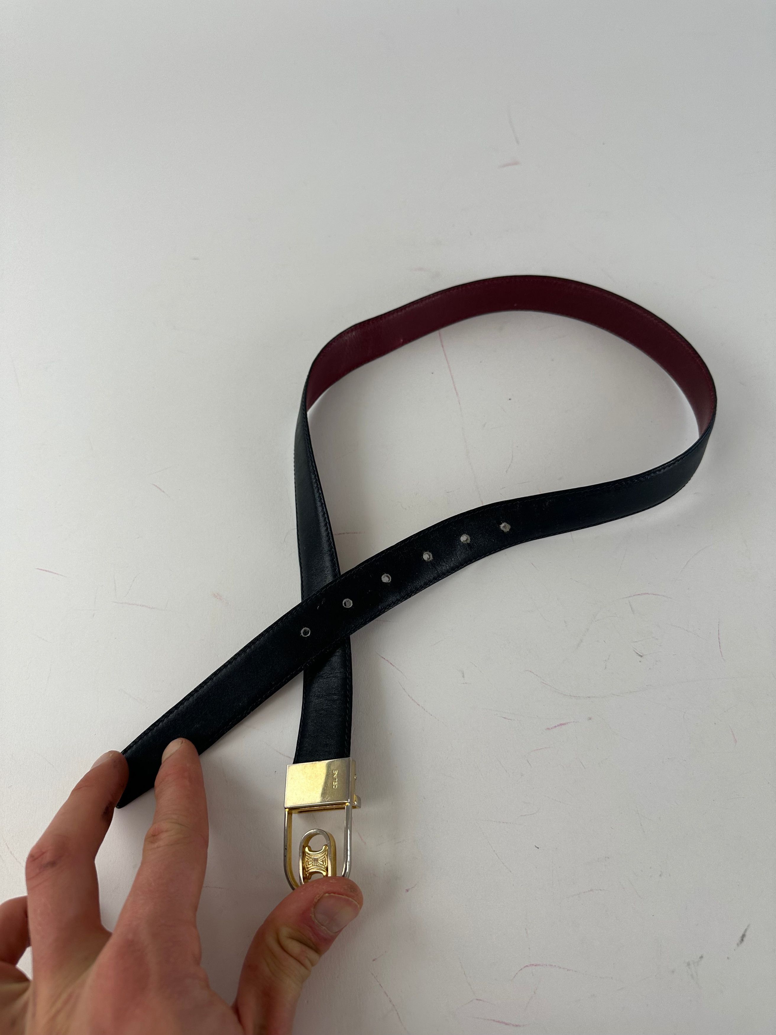 Celine Vintage Triomphe Reversible Leather Belt Black Burgundy 85 Size ONE SIZE - 7 Thumbnail