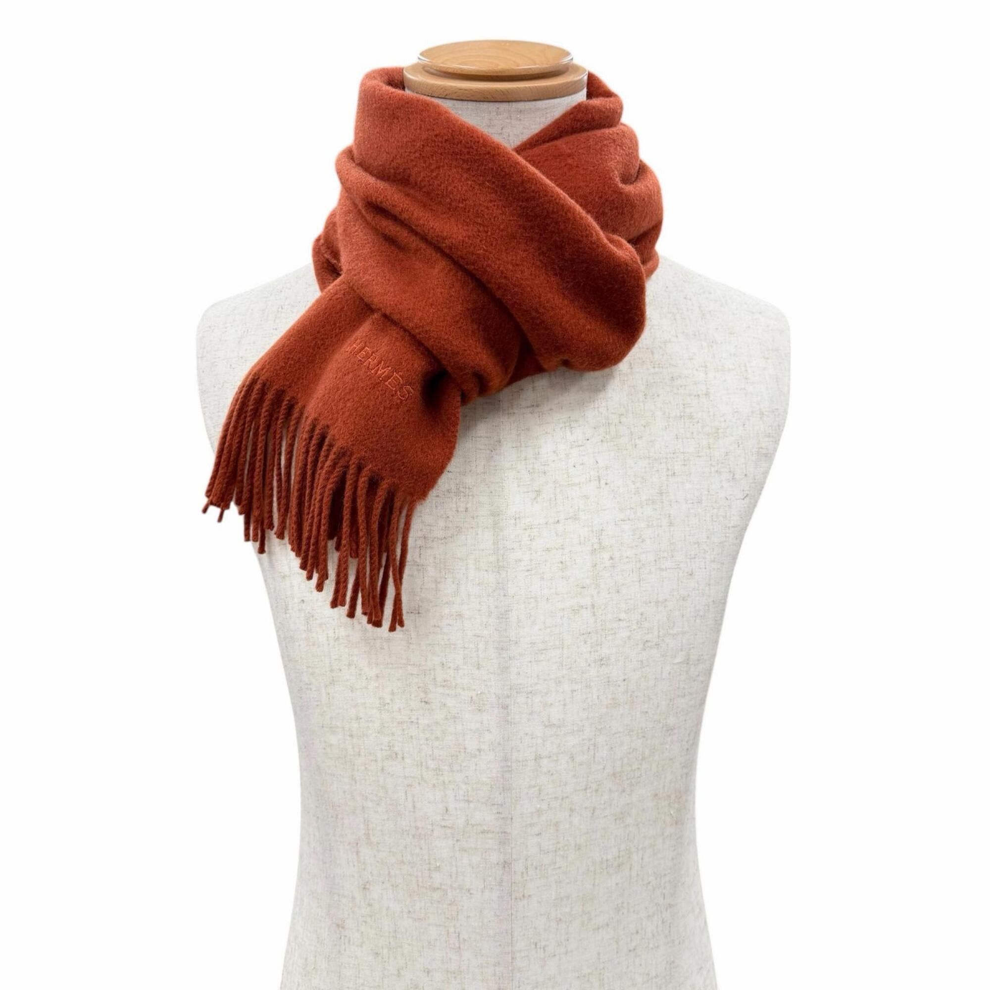 HERMES 100% Cashmere Scarf/Stole with Logo Embroidery and Fringe