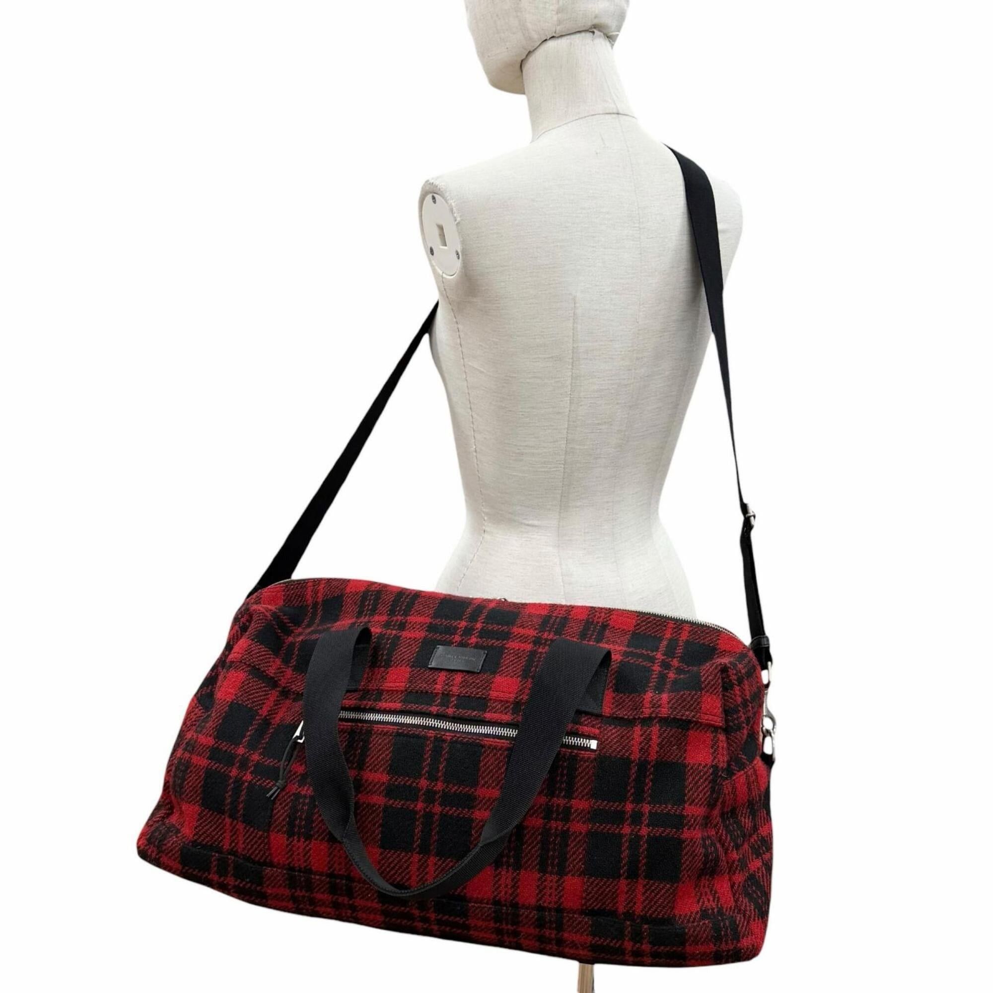 Yves Saint Laurent Yves Saint Laurent SAINT LAURENT PARIS 594400 Wool Leather Check Pattern 2-Way Duffle Bag/Boston Bag with Logo Patch, Red/Black, Made in Italy, Suitable for Women and Men. Size ONE SIZE - 3 Thumbnail