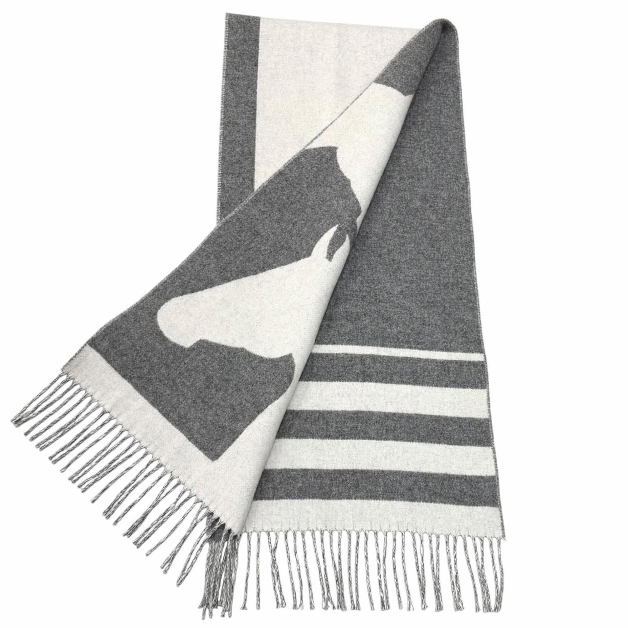 Hermes HERMES Love Story 100% Cashmere Fringe Scarf/Stole, Gray/Off-White, Made in England, Women's Size ONE SIZE - 2 Thumbnail