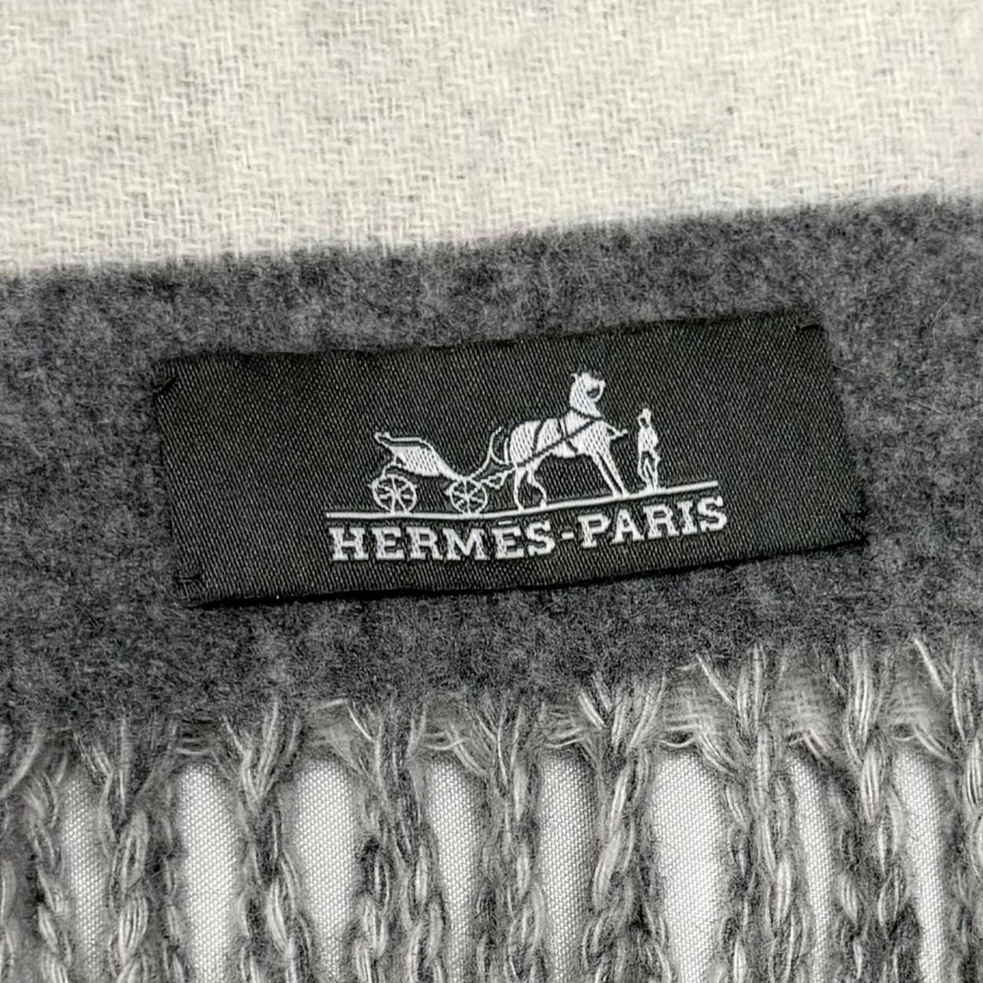Hermes HERMES Love Story 100% Cashmere Fringe Scarf/Stole, Gray/Off-White, Made in England, Women's Size ONE SIZE - 6 Thumbnail