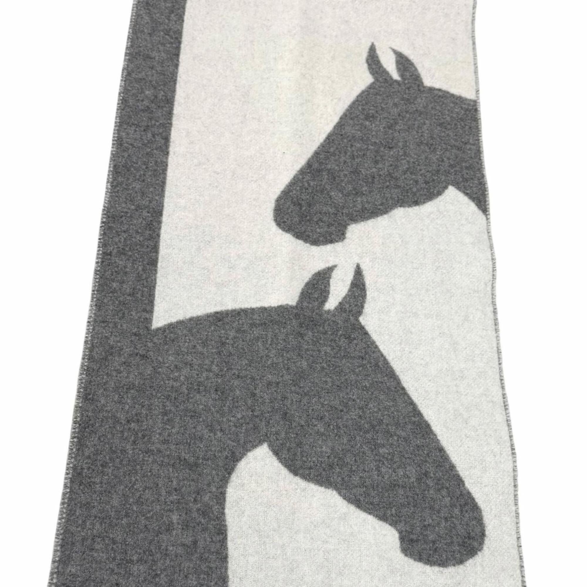 Hermes HERMES Love Story 100% Cashmere Fringe Scarf/Stole, Gray/Off-White, Made in England, Women's Size ONE SIZE - 5 Thumbnail