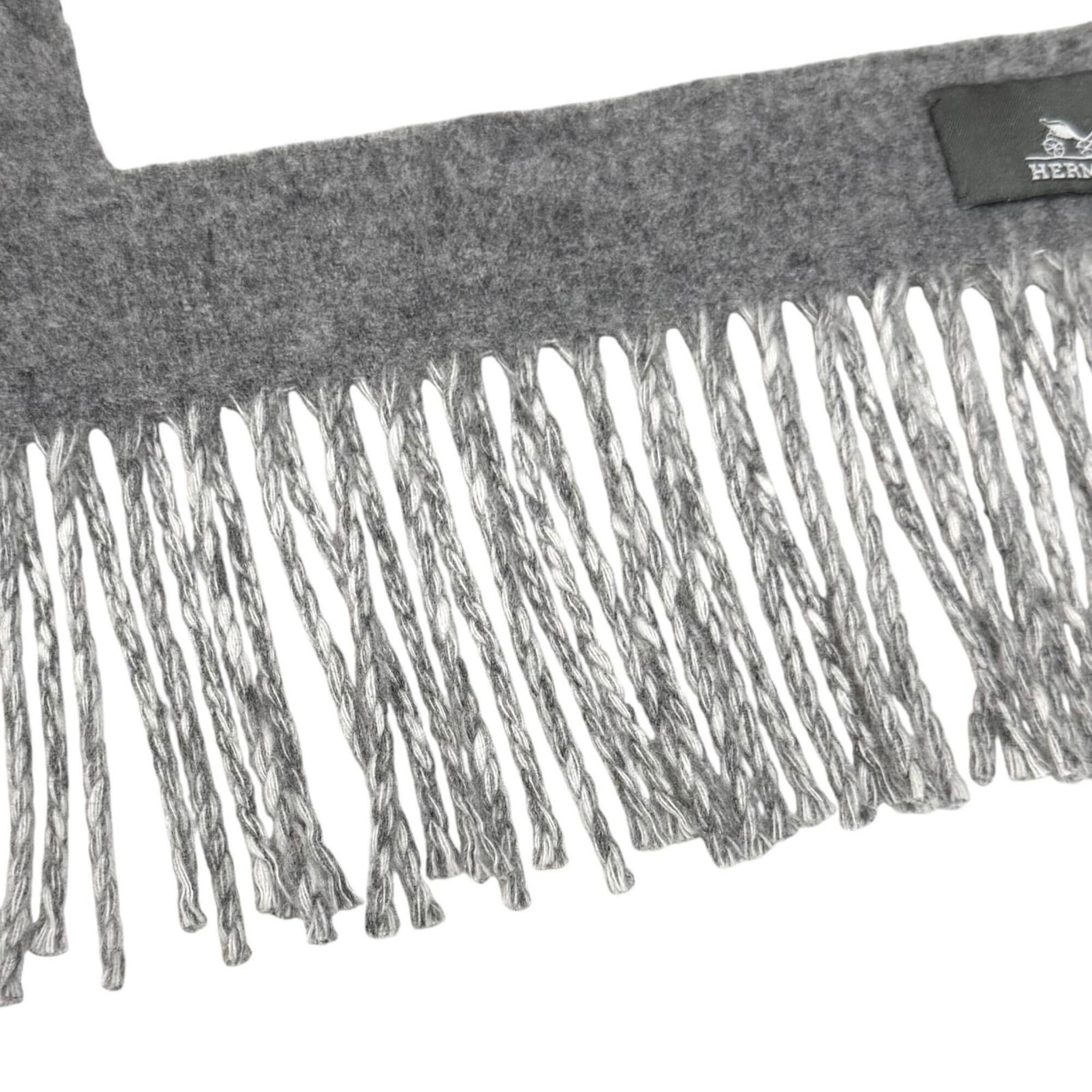 Hermes HERMES Love Story 100% Cashmere Fringe Scarf/Stole, Gray/Off-White, Made in England, Women's Size ONE SIZE - 4 Thumbnail