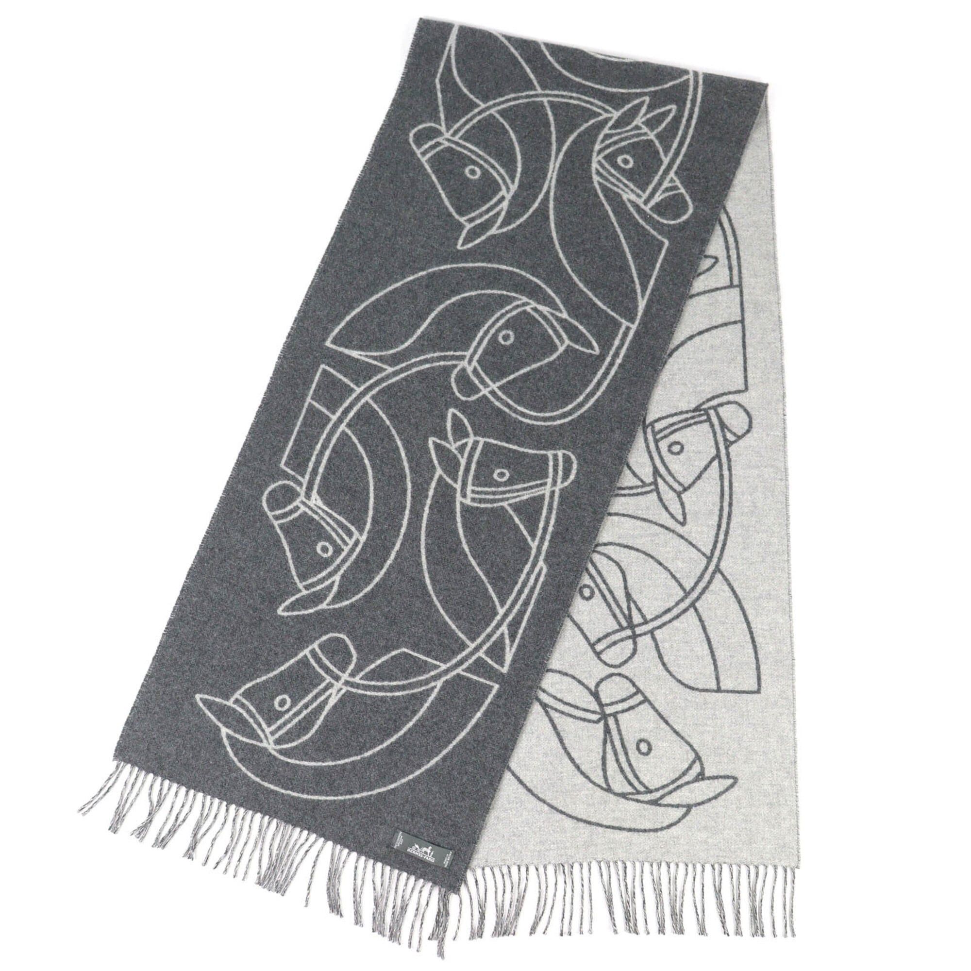 Hermes HERMES Entrelac Equestre Scarf, 100% Cashmere, Horse Fringe, Bicolor, Gray, Made in England, Women's Size ONE SIZE - 2 Thumbnail
