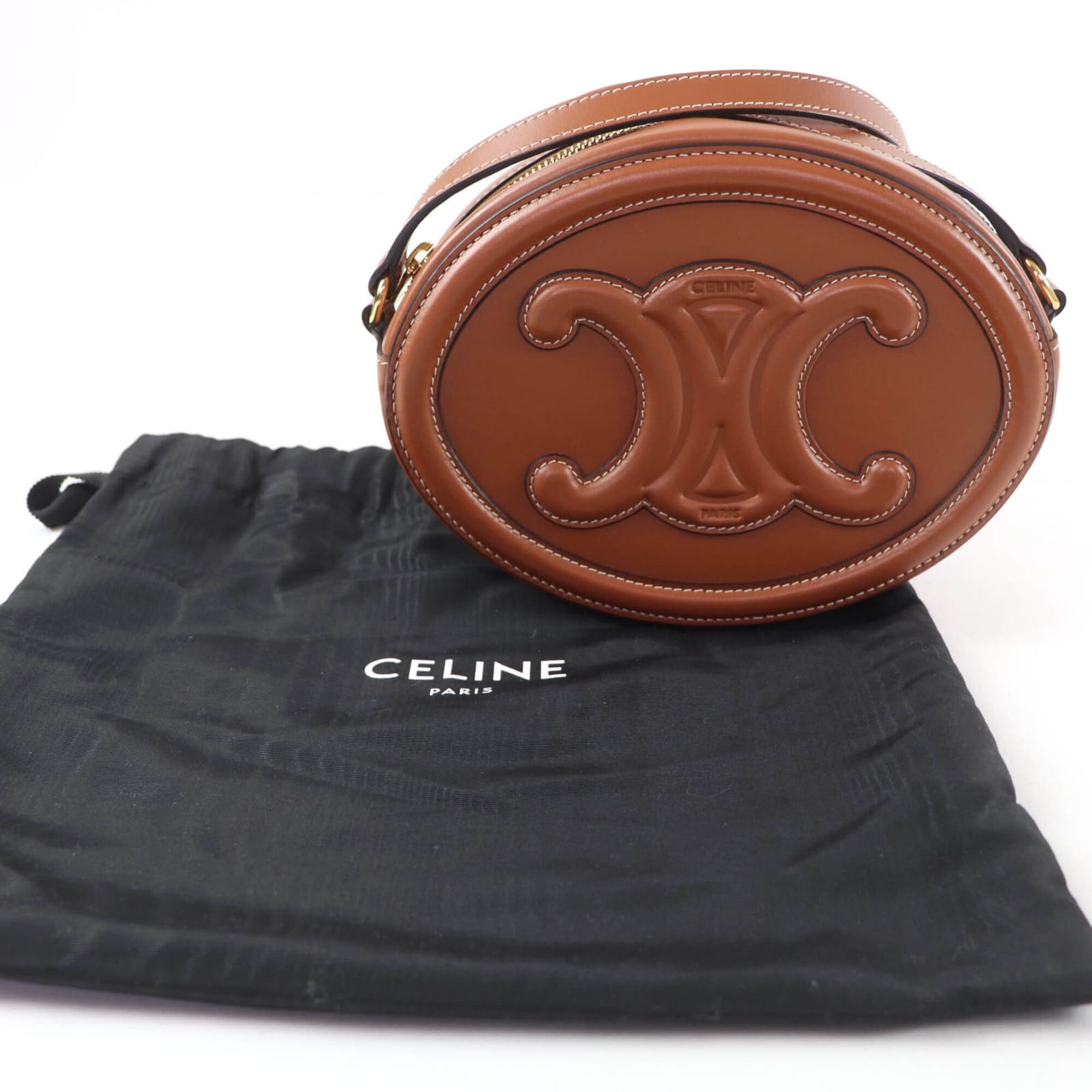 Celine CELINE 19860 Cuile Triomphe Oval Purse Leather Shoulder Bag Tan with Dust Made in Italy Women's Size ONE SIZE - 2 Thumbnail